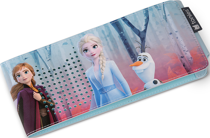 Portefeuille sur le thème de La Reine des Neiges. Anna, Elsa et Olaf sont représentés sur fond de forêt. Le portefeuille est bleu et perforé.
