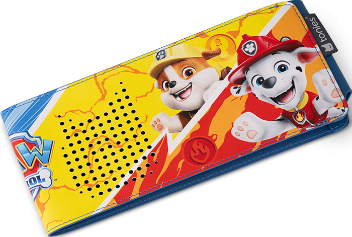 Portafoglio con personaggi di Paw Patrol. Presenta un design giallo e blu, con cani dei cartoni animati. Include il logo Paw Patrol e la parola 'tonies'.