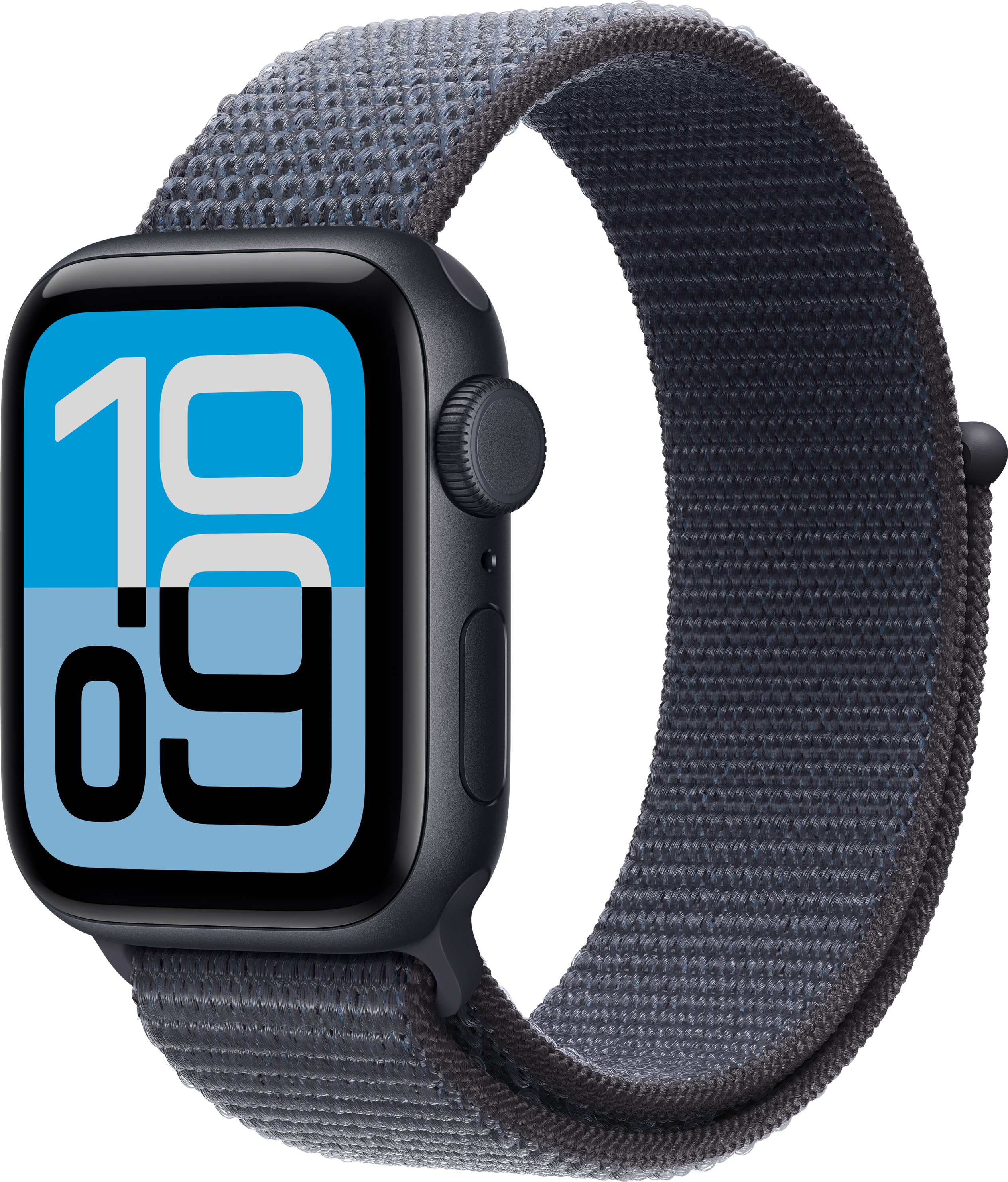 Eine schwarze Apple Watch zeigt 10:09 auf blauem Bildschirm. Die Uhr hat ein graues gewebtes Armband auf schwarzem Hintergrund.