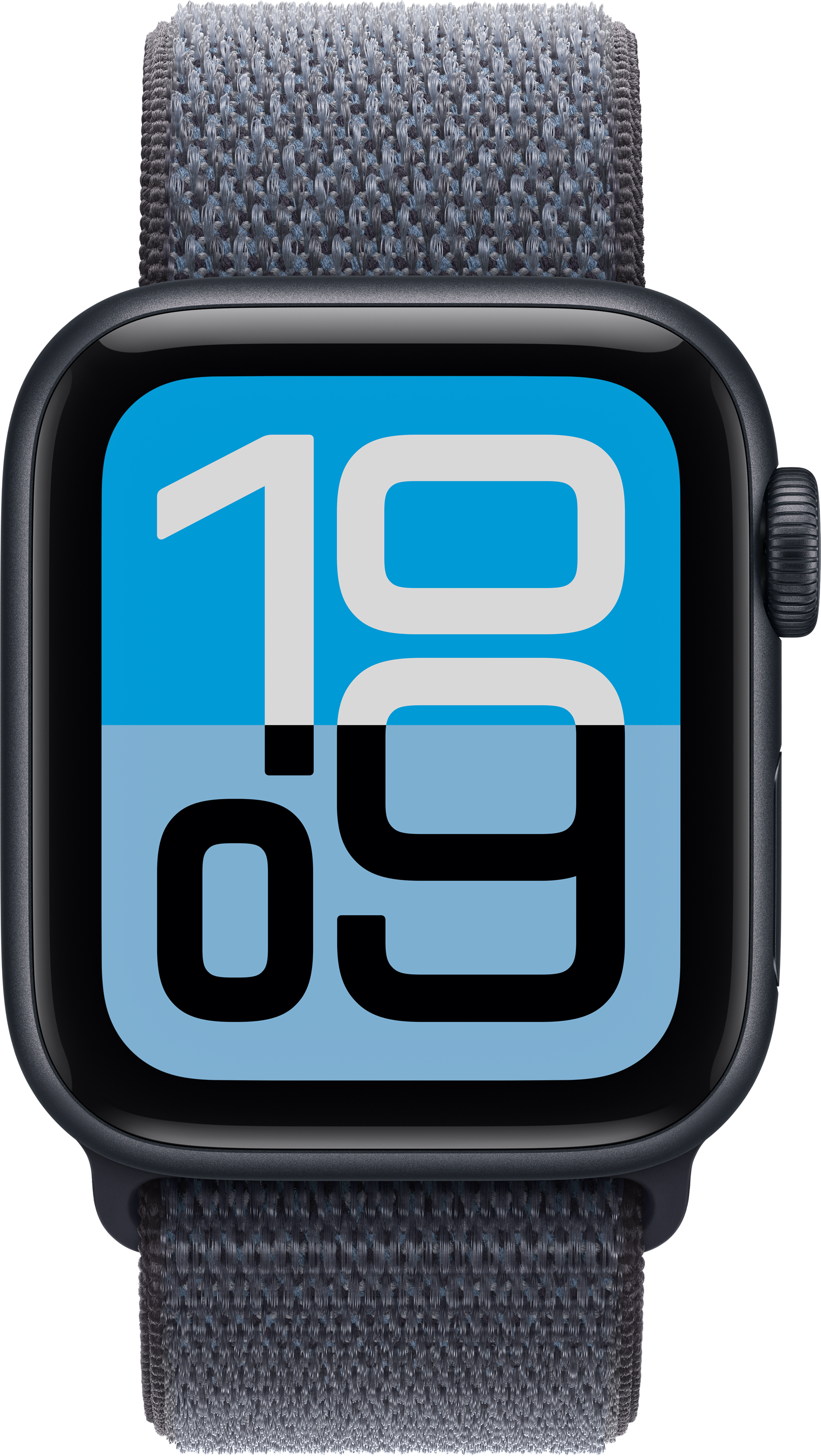 Nahaufnahme einer Smartwatch mit blauem Bildschirm, der die Uhrzeit 10:09 anzeigt. Sie hat ein graues gewebtes Band. Schwarzer Hintergrund.