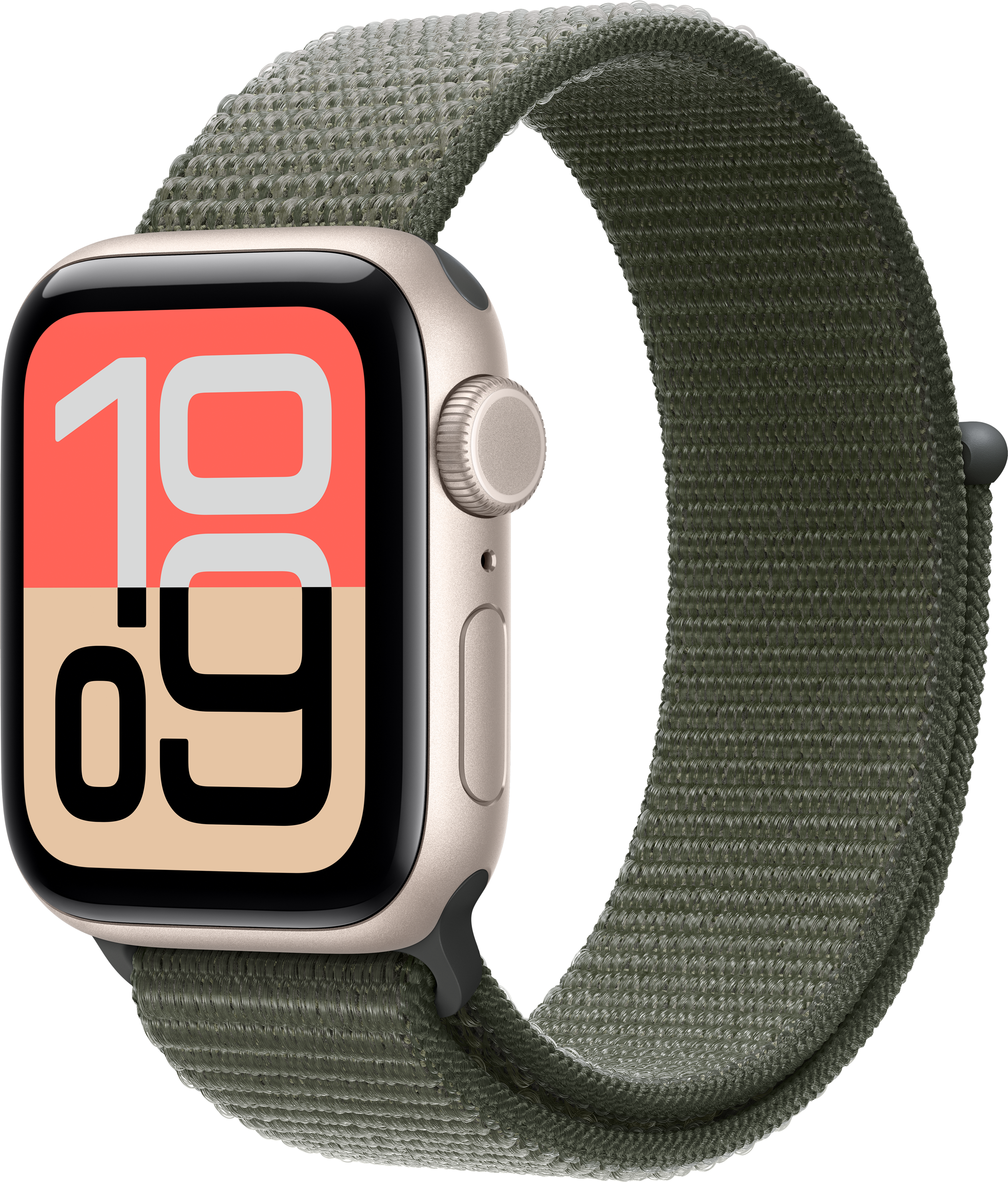 Eine Apple Watch mit grünem Armband. Das Zifferblatt zeigt die Uhrzeit: 10:09. Der Hintergrund ist schwarz.
