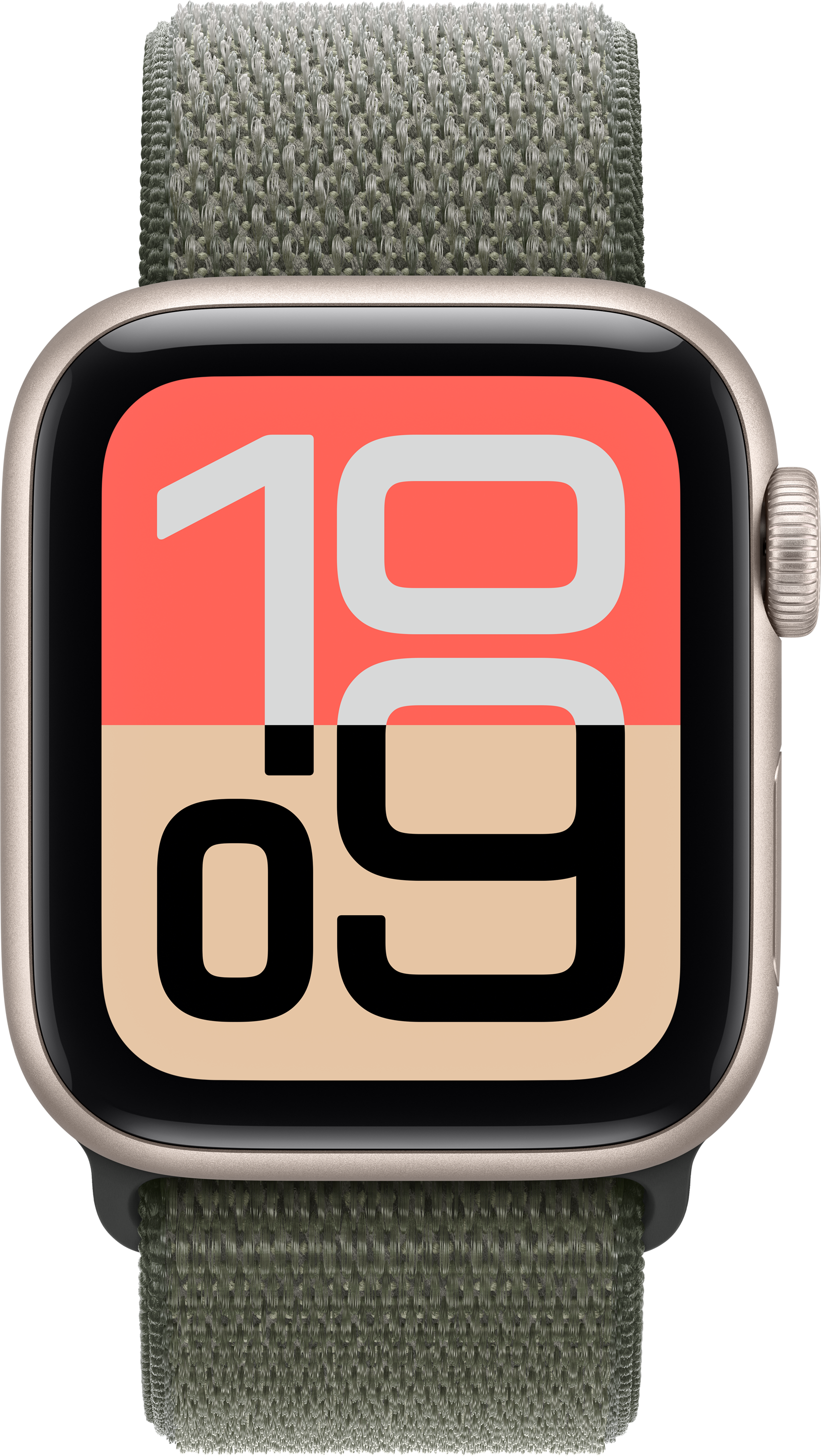 Apple Watch mit grünem Armband. Das Zifferblatt zeigt die Uhrzeit 10:09 mit rotem und beigem Hintergrund.