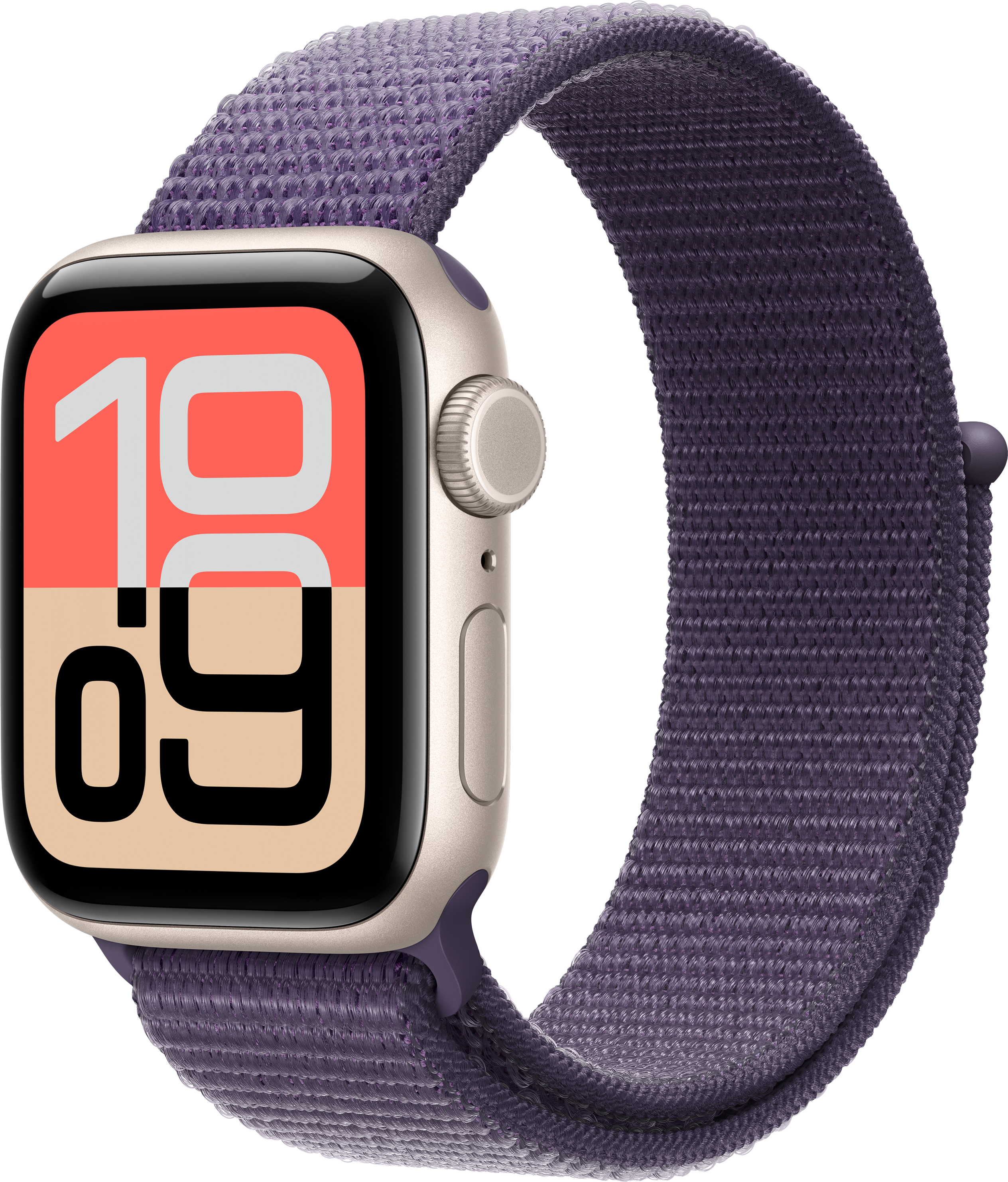 Apple Watch con cinturino viola intrecciato. Il quadrante mostra l'ora 10:09. Lo sfondo è nero.