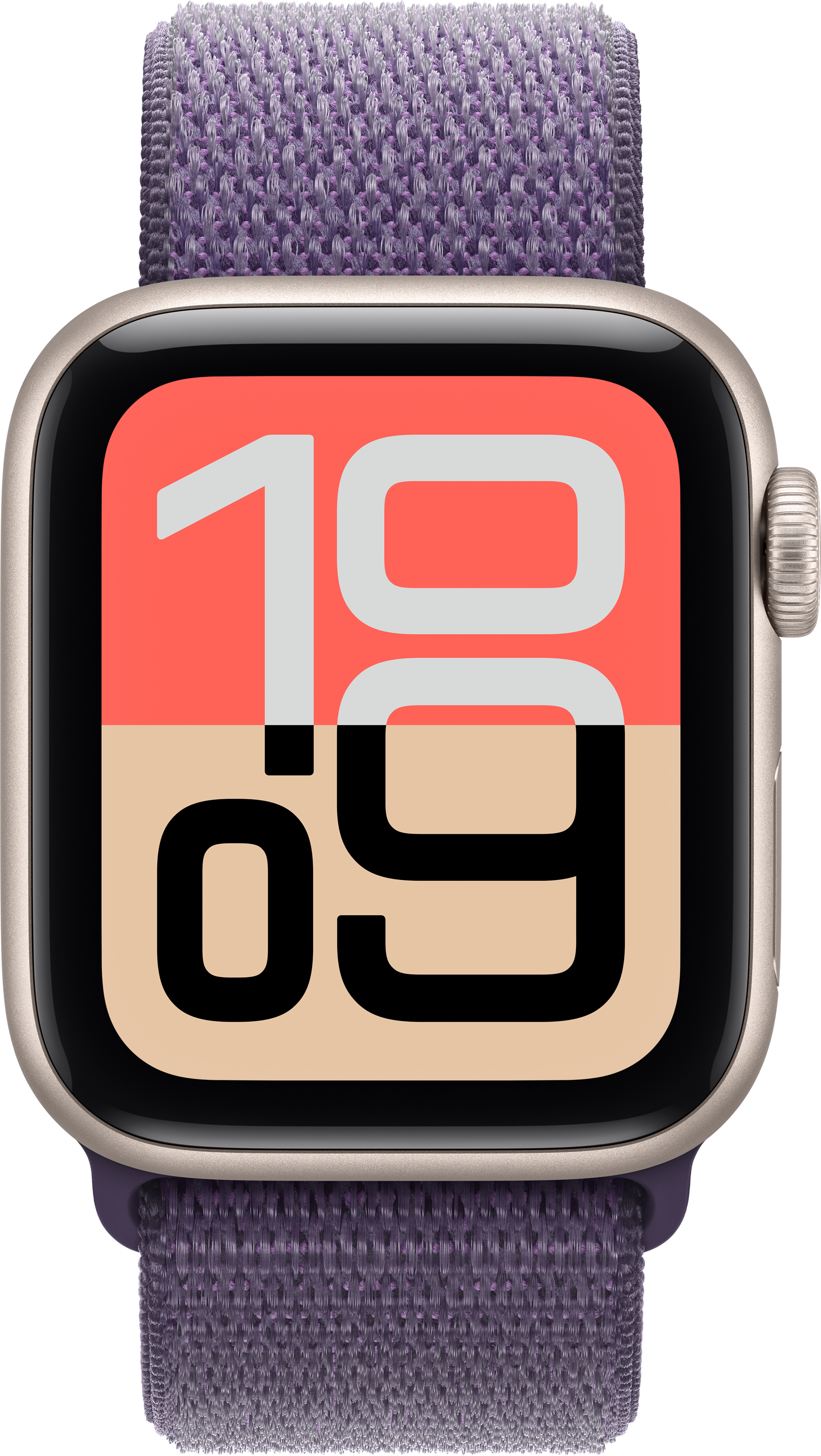 Apple Watch con cinturino in tessuto viola. Il quadrante mostra l'ora '10:09' con cifre bianche e nere.