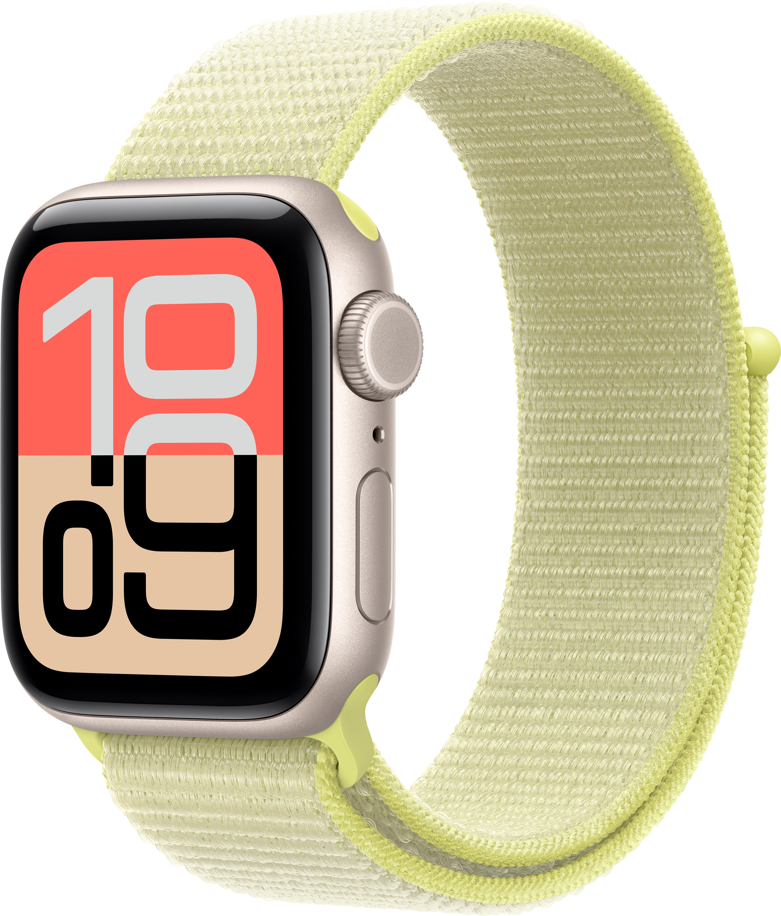 Apple Watch SE con cinturino sportivo verde chiaro. Il quadrante mostra le 10:09. Sfondo nero.