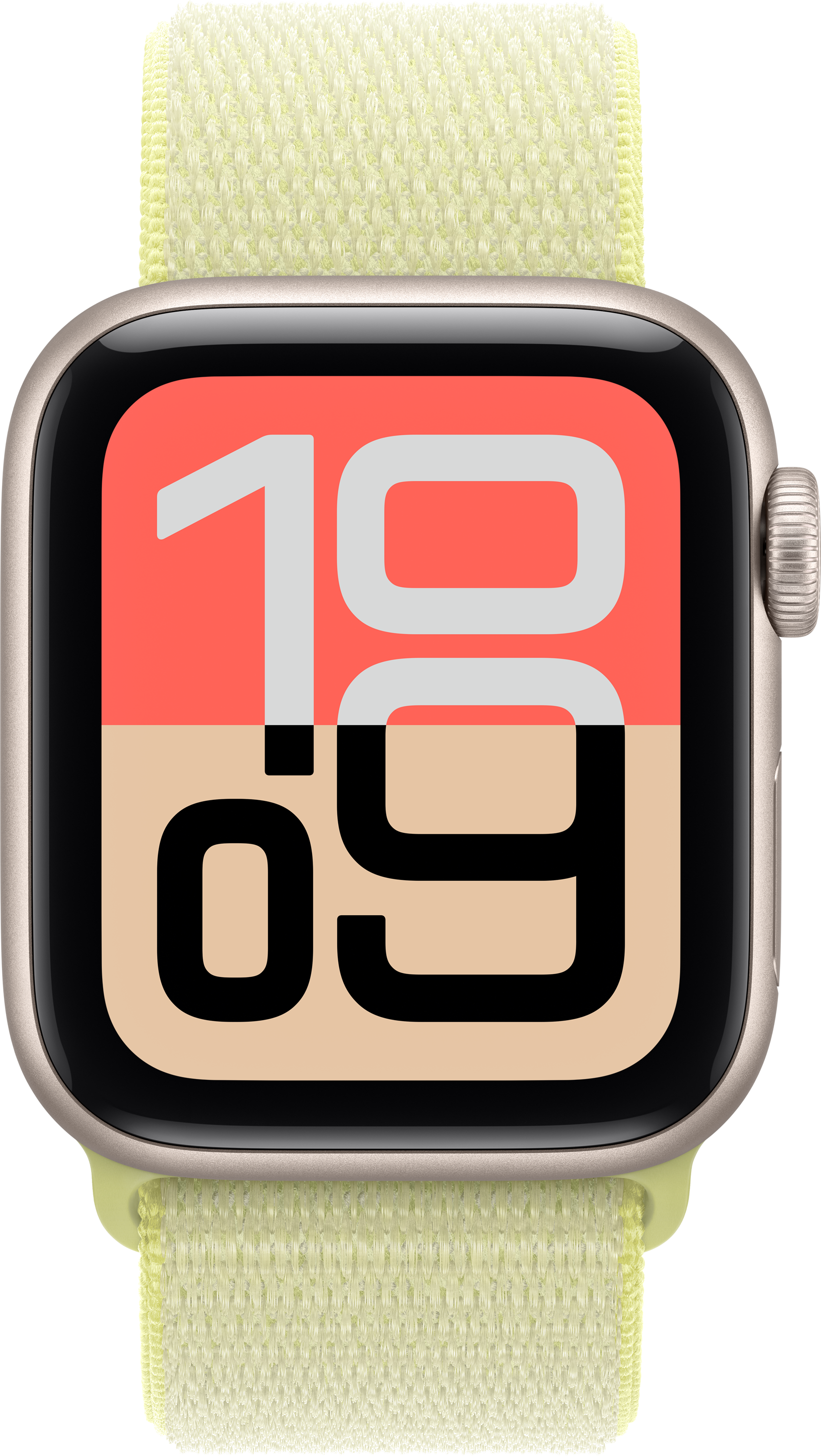 Apple Watch SE. L'orologio mostra l'ora 10:09. Il cinturino è verde chiaro. Il quadrante è diviso in due colori, rosso e beige.