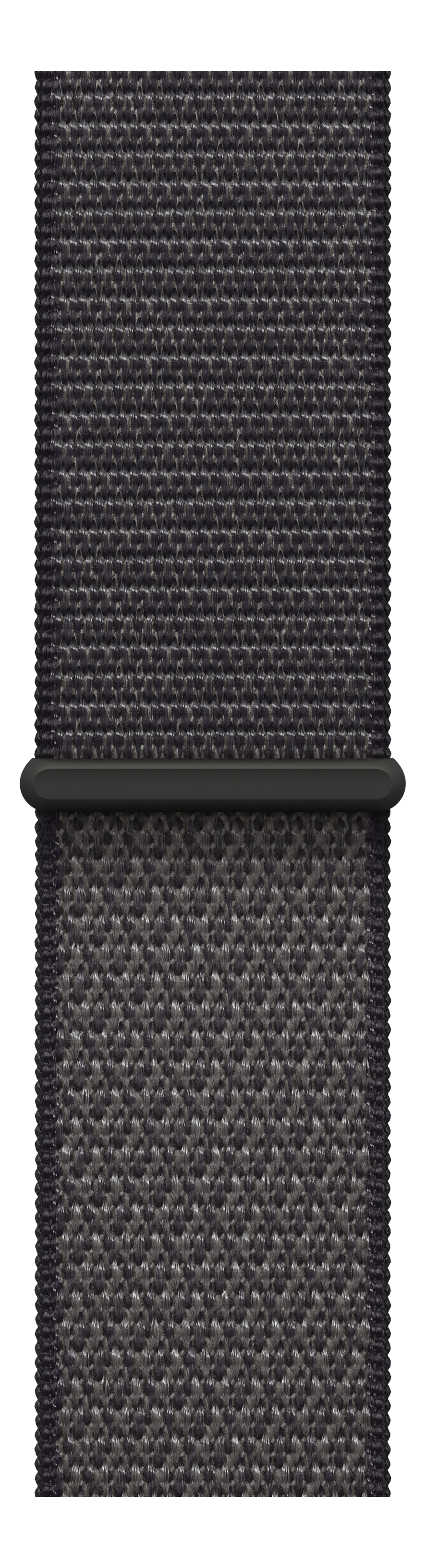 Nahaufnahme eines dunkelgrauen gewebten Nylon-Uhrenarmbands mit dunkelgrauer Schließe auf schwarzem Hintergrund.