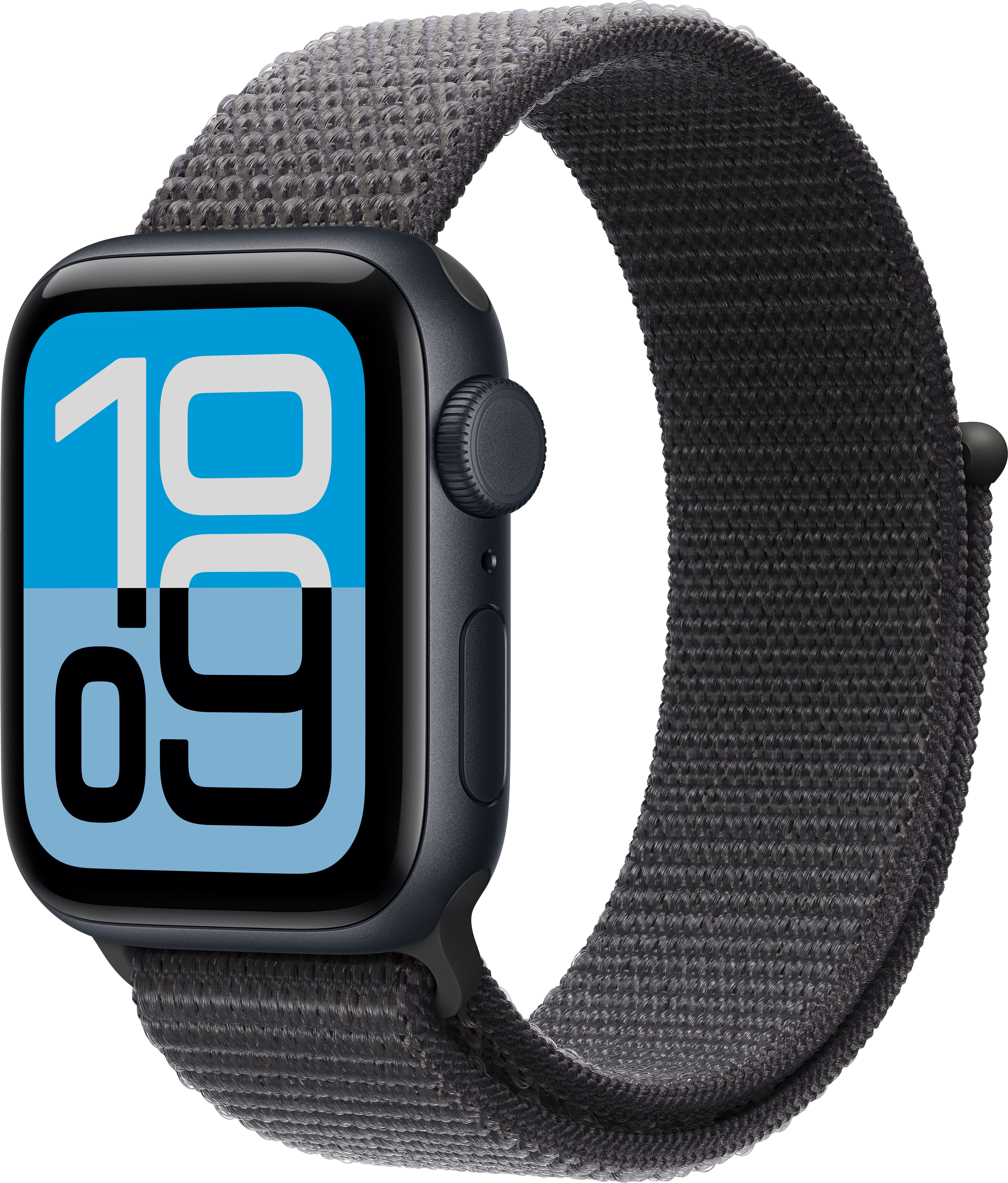 Eine schwarze Apple Watch zeigt 10:09 an. Die Uhr hat ein dunkelgraues Armband. Der Hintergrund ist schwarz.
