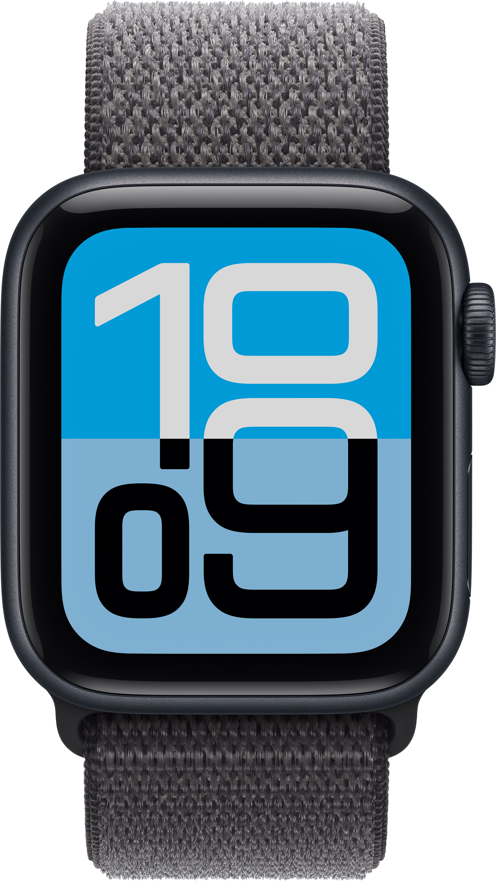 Eine Apple Watch mit grauem Stoffarmband zeigt die Uhrzeit 10:09 vor blauem und hellblauem Hintergrund an.