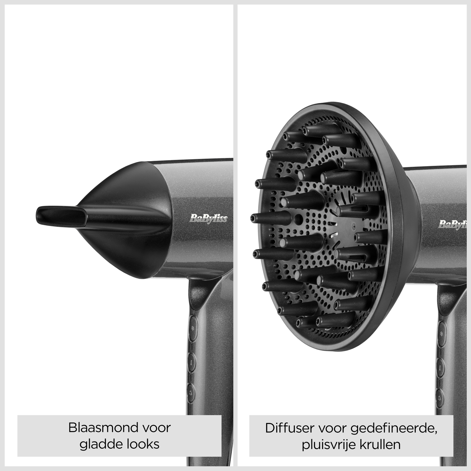 Two views of a Babyliss hair dryer. One with nozzle for sleek looks, the other with a diffuser for defined, frizz-free curls.