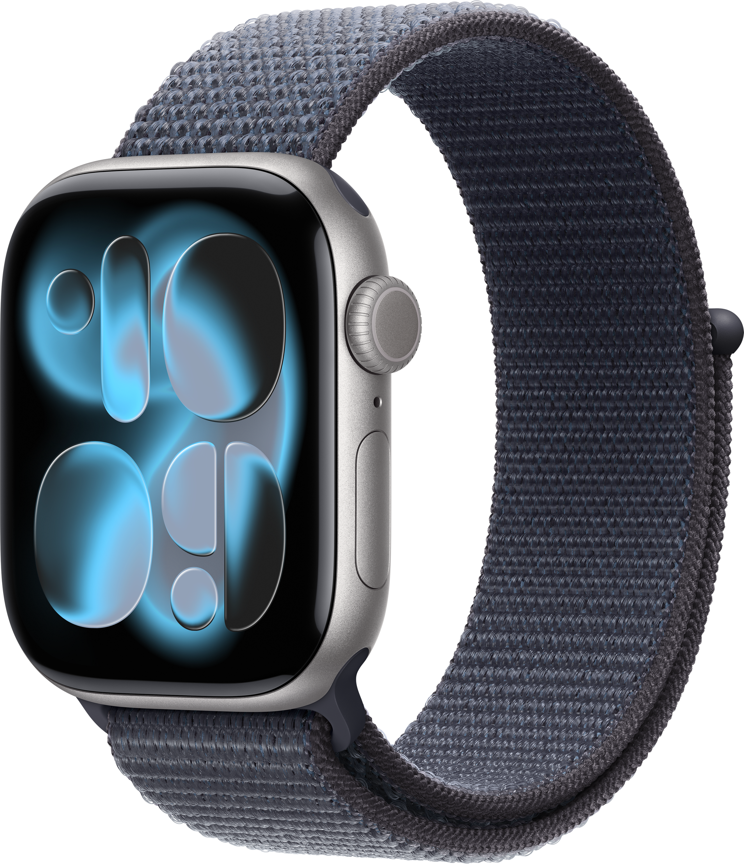 Eine silberne Apple Watch mit blauem Stoffband. Das Zifferblatt zeigt eine blau getönte Digitaluhr.