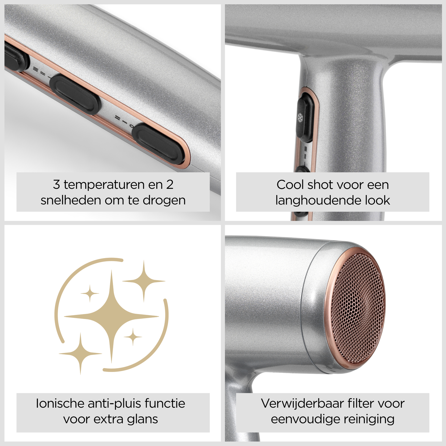 A silver hair dryer with rose gold accents. Features include temperature controls, cool shot, anti-frizz function, and removable filter.