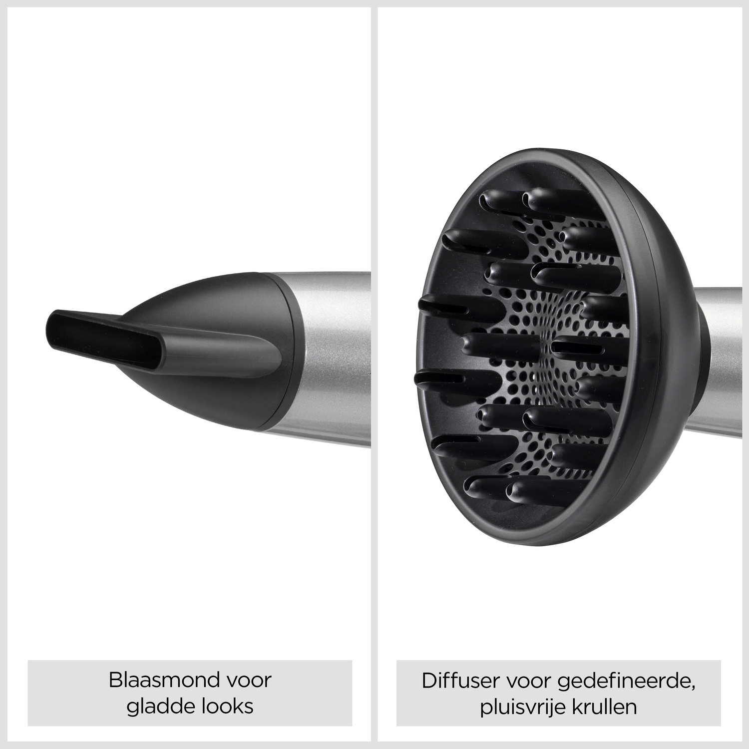 Close-up of a hairdryer with two attachments. One is a nozzle, the other is a diffuser for curly hair. Both are black.