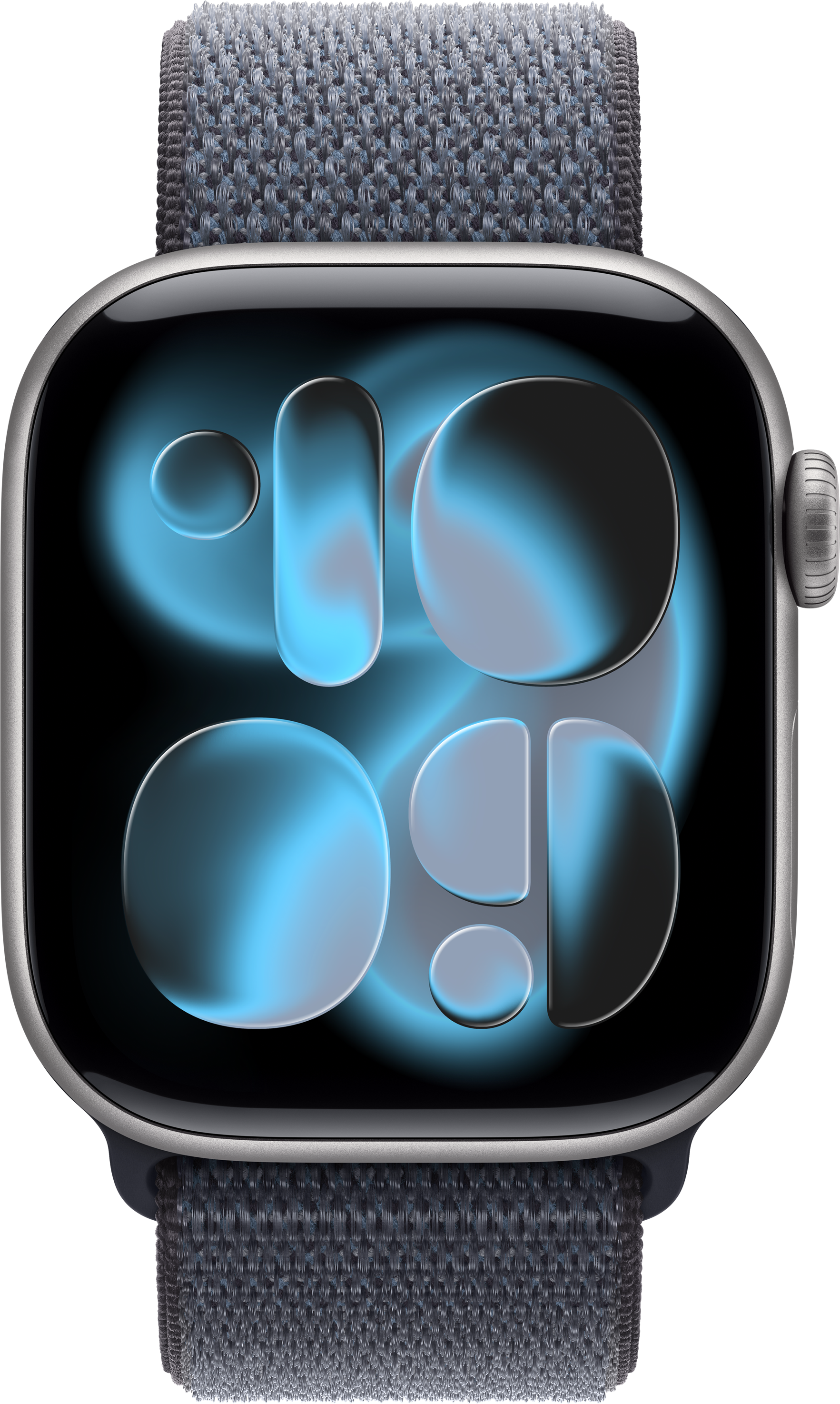 Apple Watch mit blau-schwarzem Display. Die Uhr hat einen silbernen Rahmen und ein graues Stoffarmband. Der Hintergrund ist schwarz.