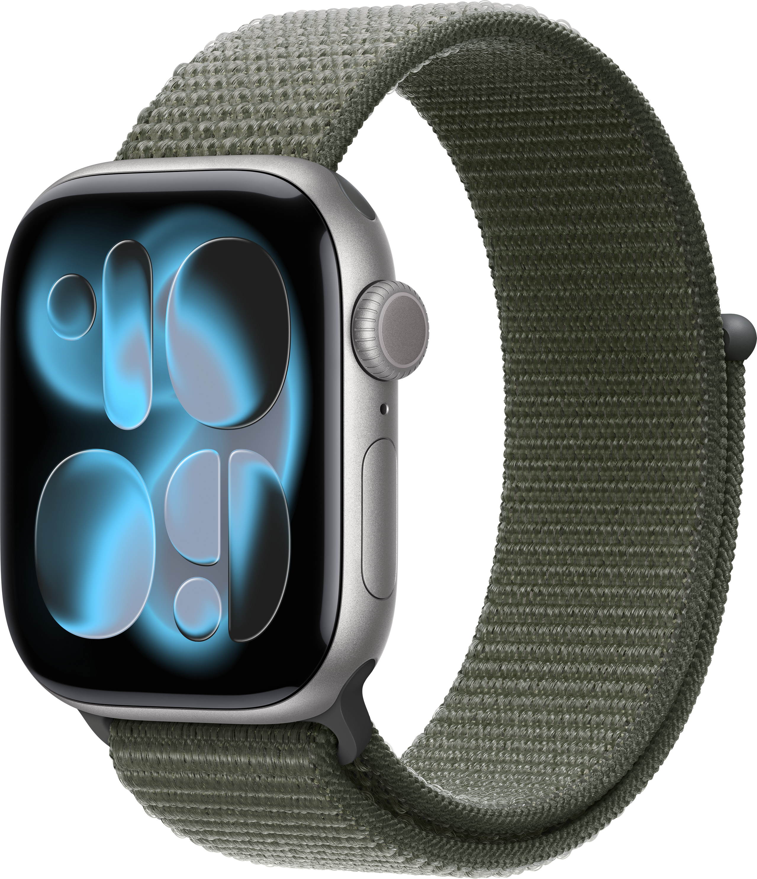 Apple Watch argento con cinturino verde oliva. Lo schermo mostra un'interfaccia bluastra con l'ora.