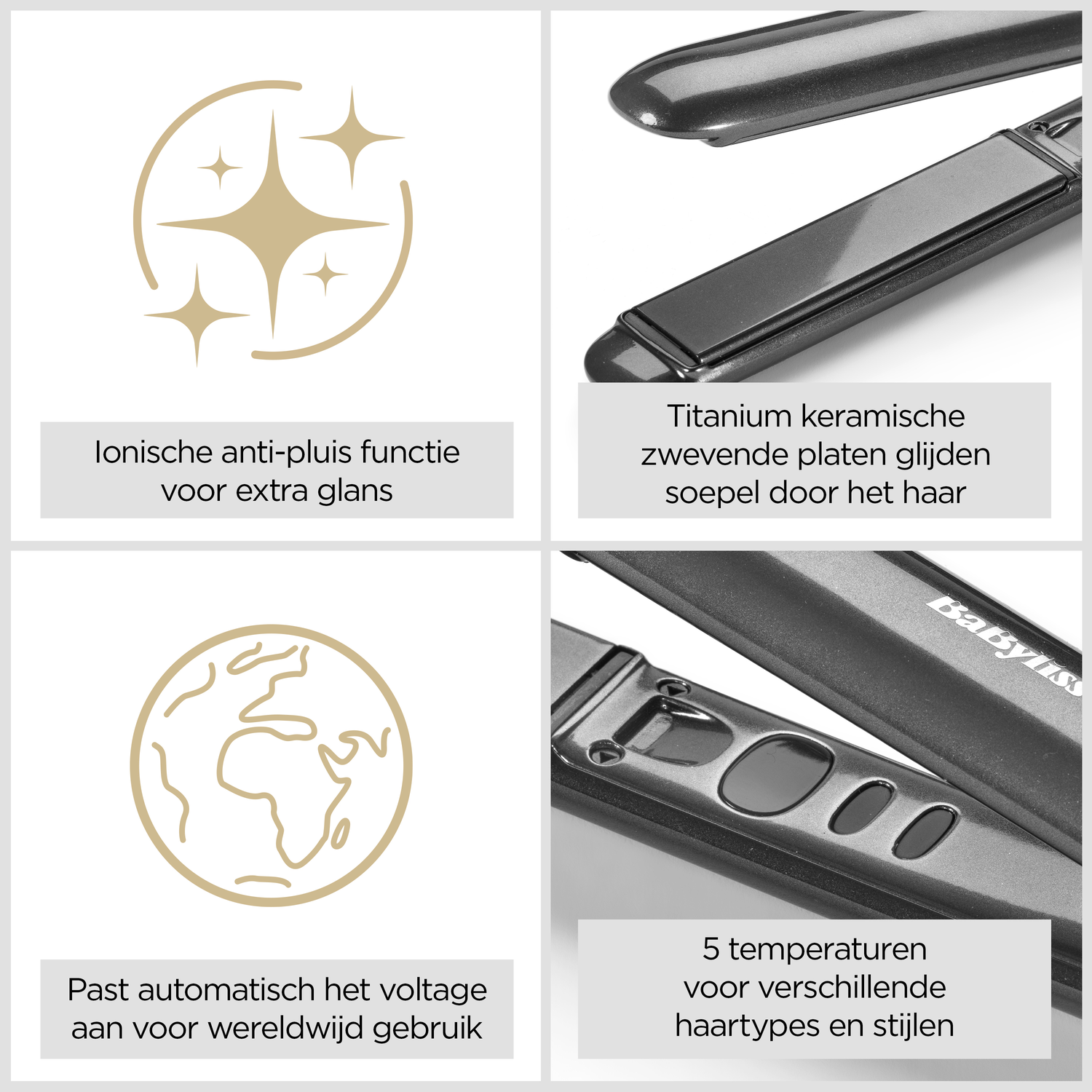 Afbeelding toont een stijltang met belangrijke kenmerken, waaronder anti-frizz, titanium platen, wereldwijde spanning en 5 temperatuurinstellingen.