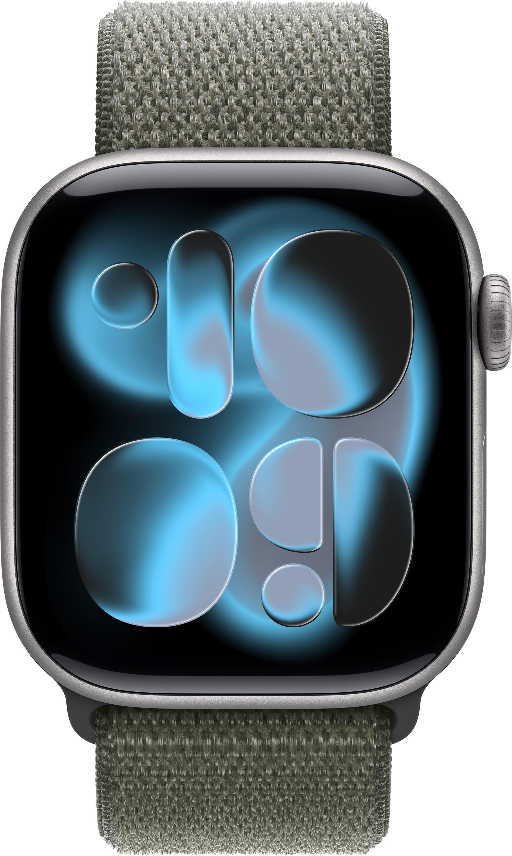 Primo piano di uno smartwatch con display blu e nero. Il cinturino è verde. Lo sfondo è nero.