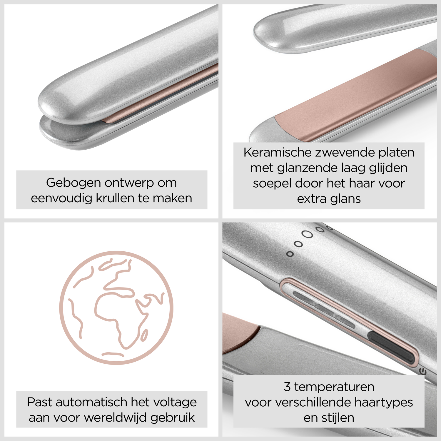 A silver and rose gold hair straightener. Features include ceramic floating plates, curved design, and three temperature settings.