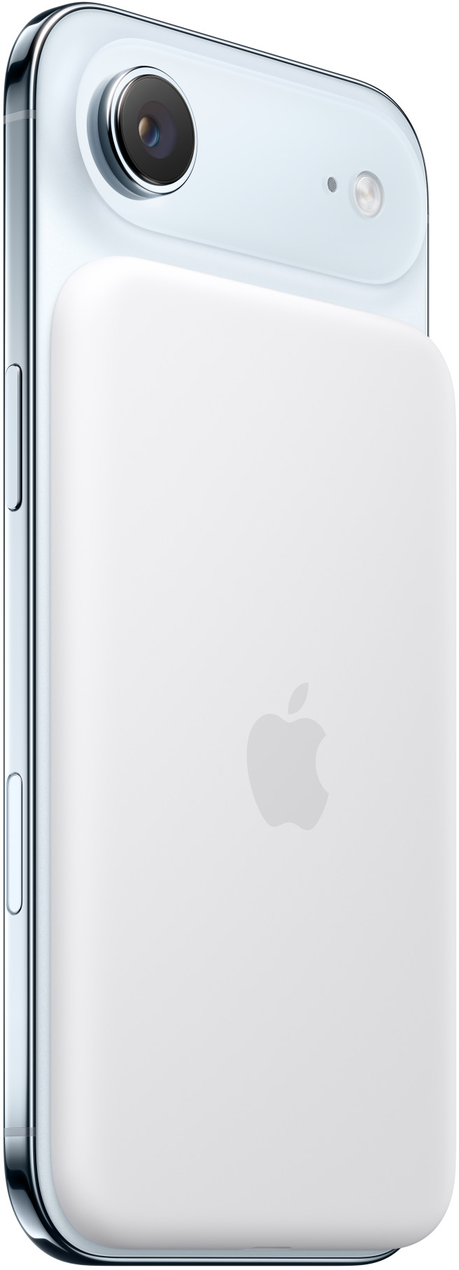 Ein weißes iPhone mit einem weißen MagSafe-Akkupack. Das Telefon hat eine Kamera. Apple-Logo auf dem Pack.