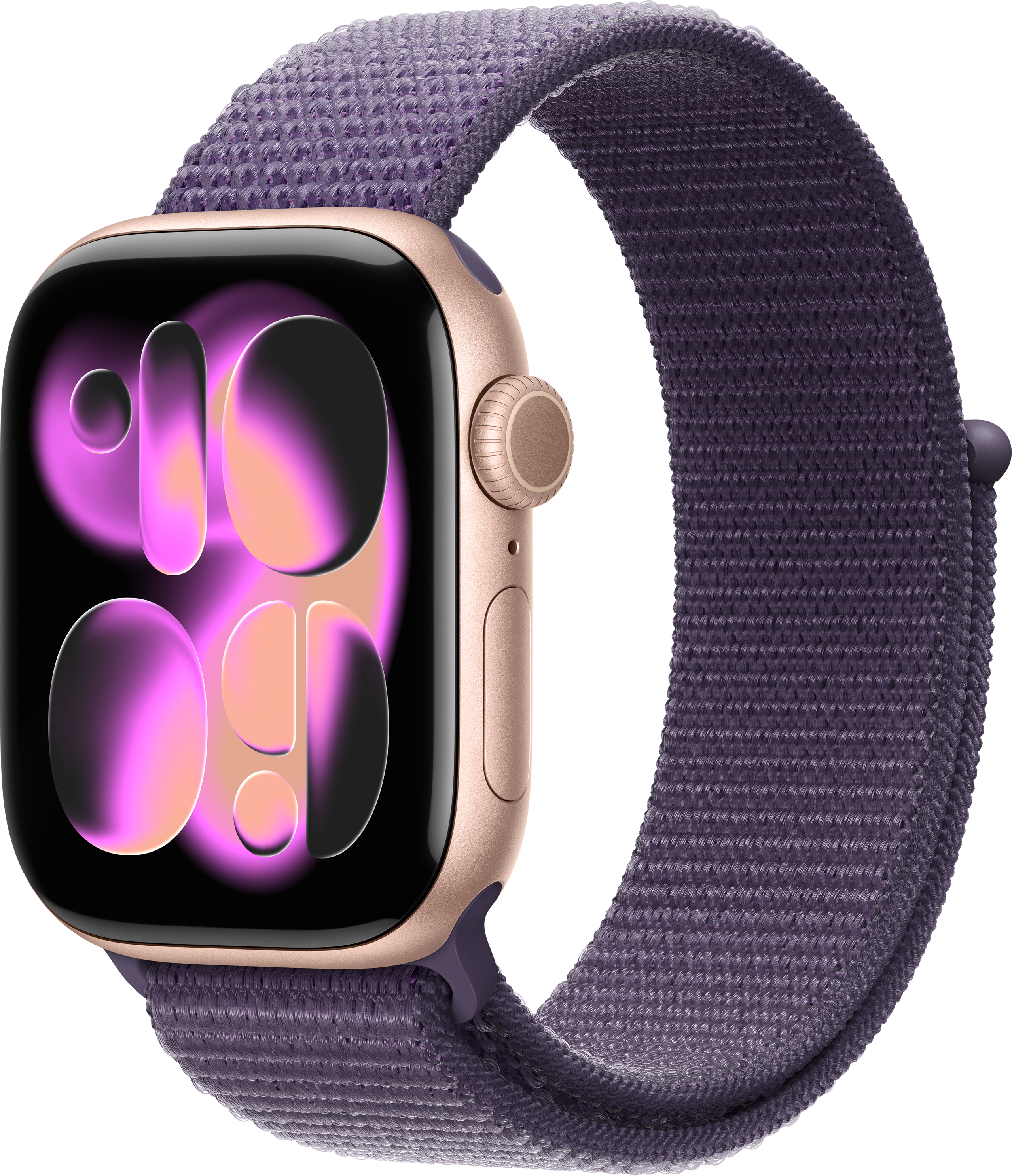 Un Apple Watch dorato con cinturino viola intrecciato. Lo schermo mostra un design sfumato rosa e arancione.