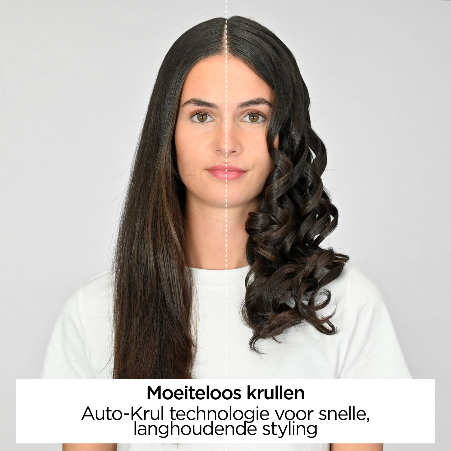 Een vrouw met lang, donker haar. Eén kant is steil, de andere gekruld, wat het effect van styling laat zien.