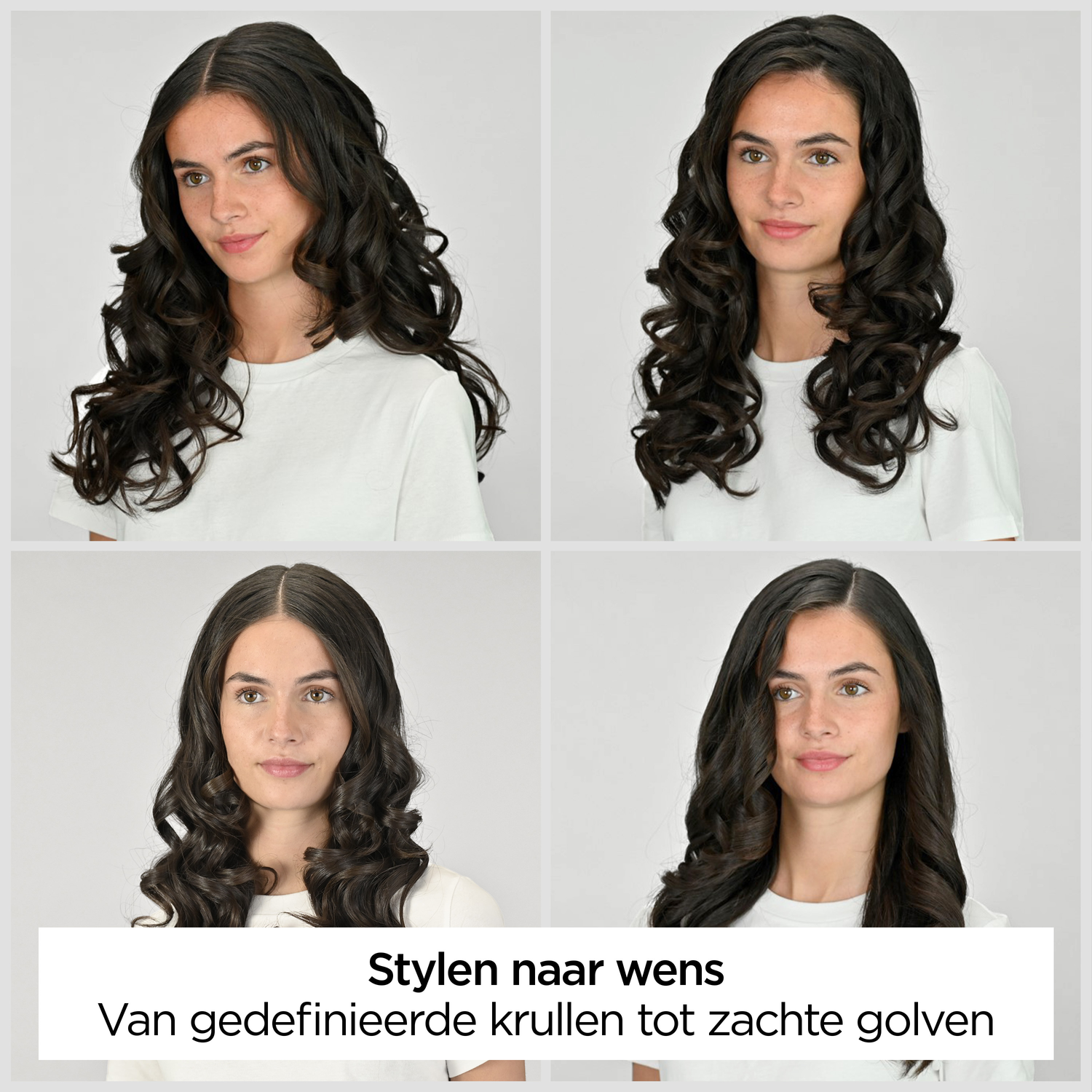 Vier afbeeldingen van een vrouw met verschillende krullende kapsels, draagt een wit t-shirt. Tekst onderaan: Stylen naar wens.