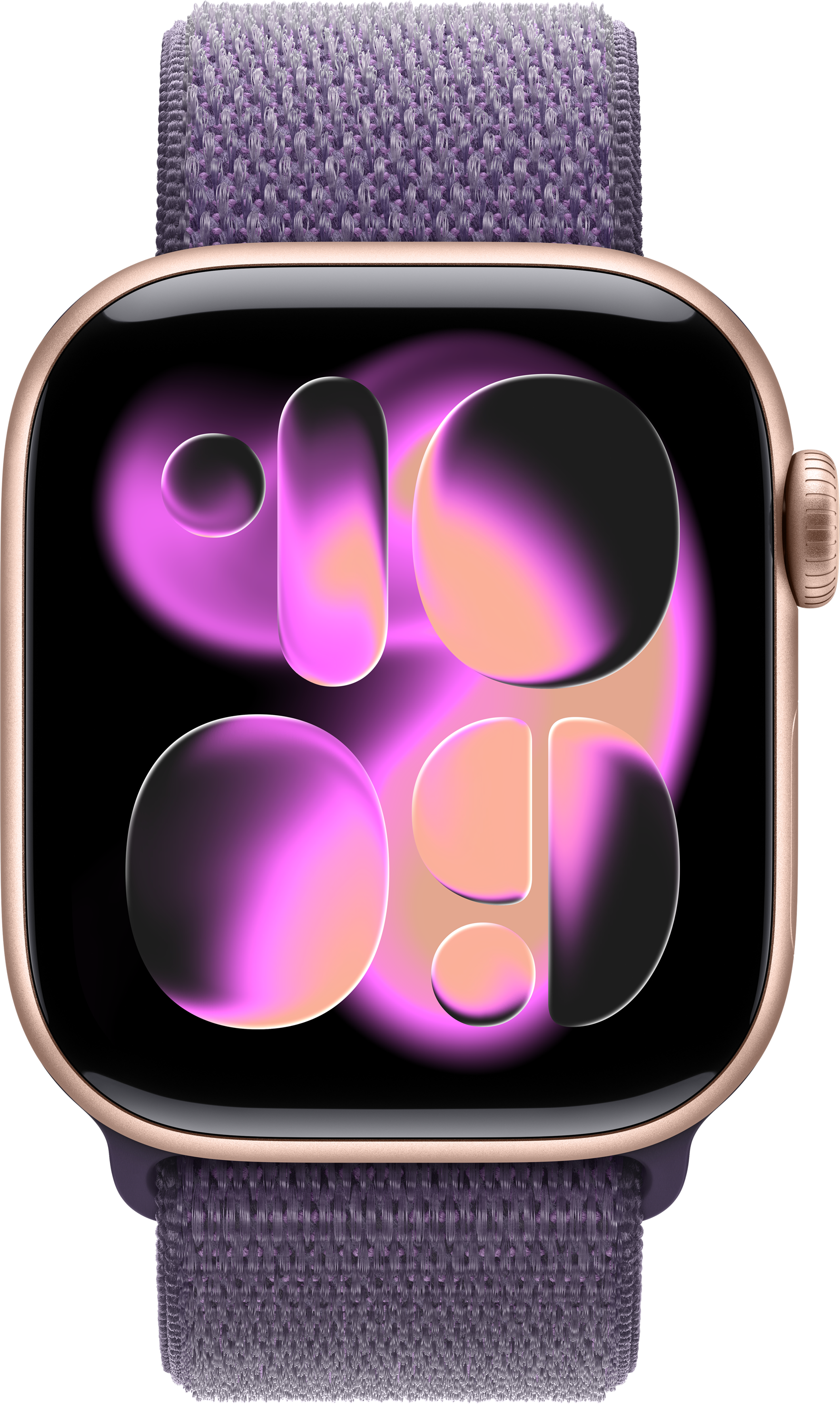 Un Apple Watch con cassa dorata e cinturino viola. Lo schermo mostra forme astratte rosa e nere.
