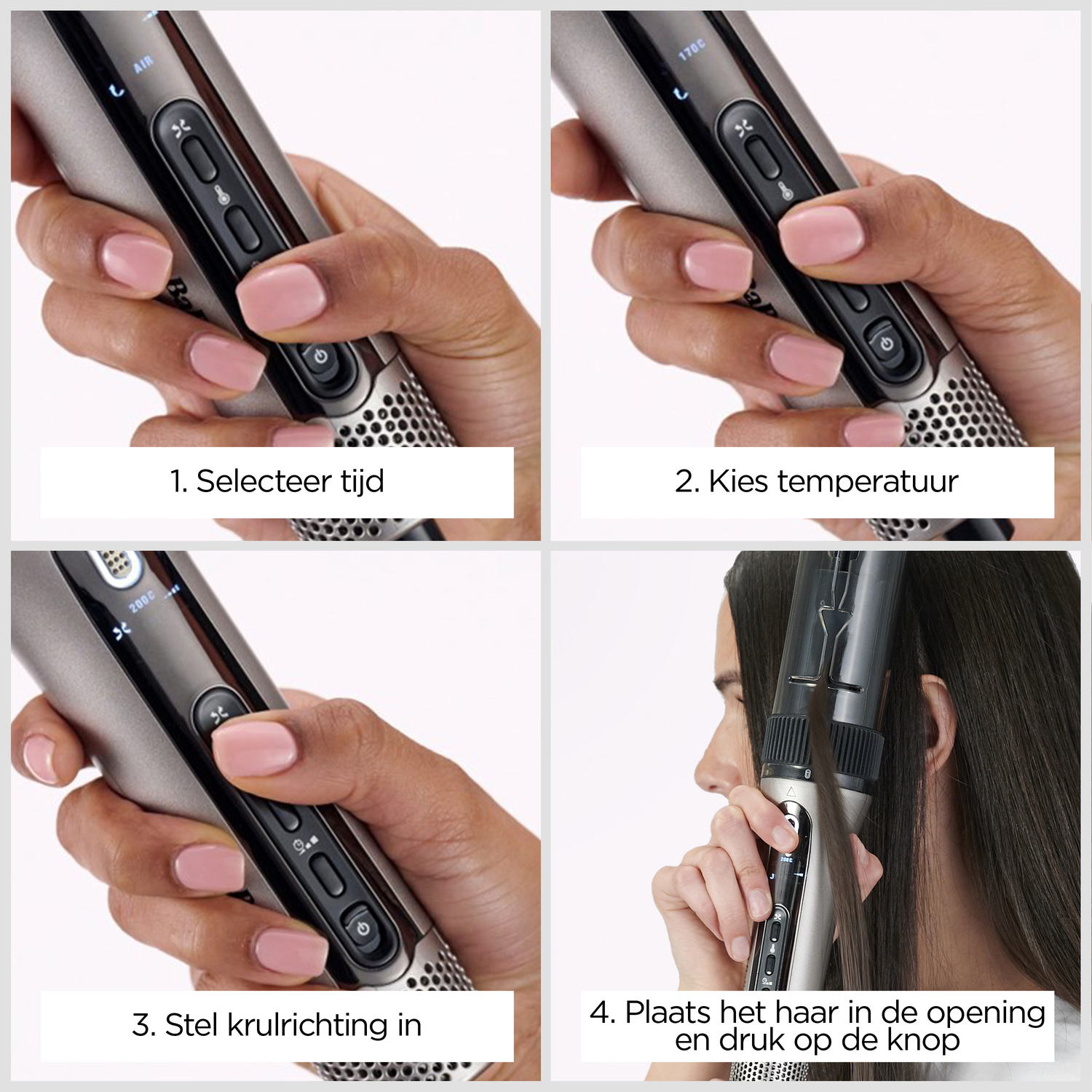 Een hand houdt een haarstylingtool vast. Het scherm van de tool toont instellingen. Instructies staan onder de tool.