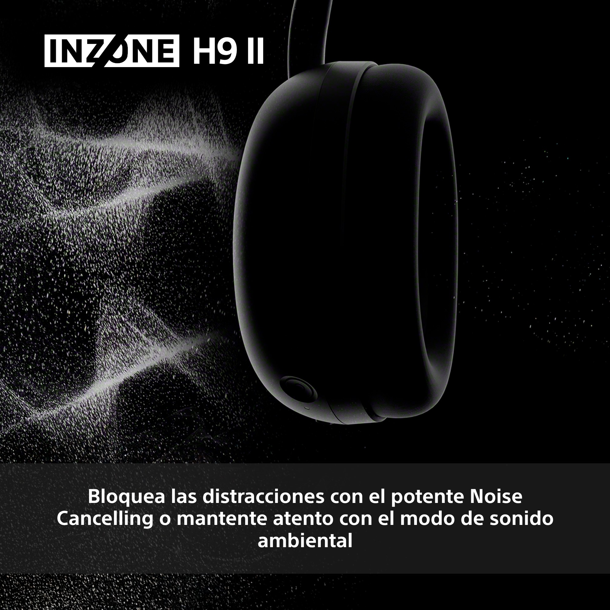 Auriculares negros Sony INZONE H9 II. Texto blanco y fondo negro. Texto en la parte inferior.