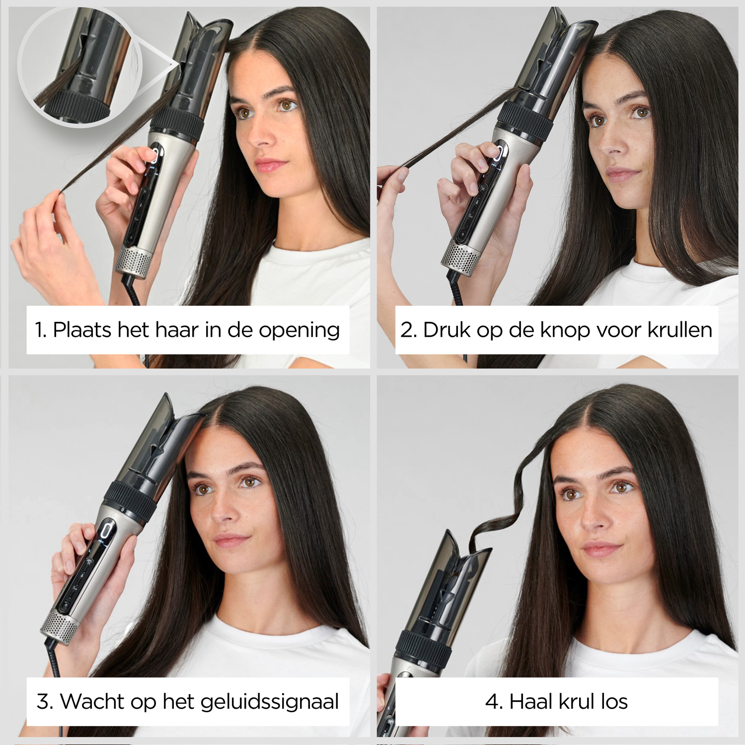 Een vrouw gebruikt een krultang. De stappen omvatten het plaatsen van het haar, het indrukken van een knop, het wachten op een signaal en het loslaten van de krul.