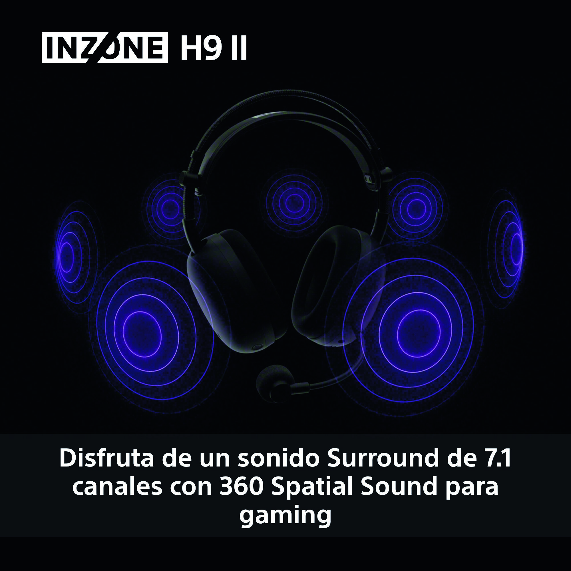 Auriculares INZONE H9 II negros con micrófono, rodeados de círculos de ondas sonoras púrpuras, sobre fondo oscuro.