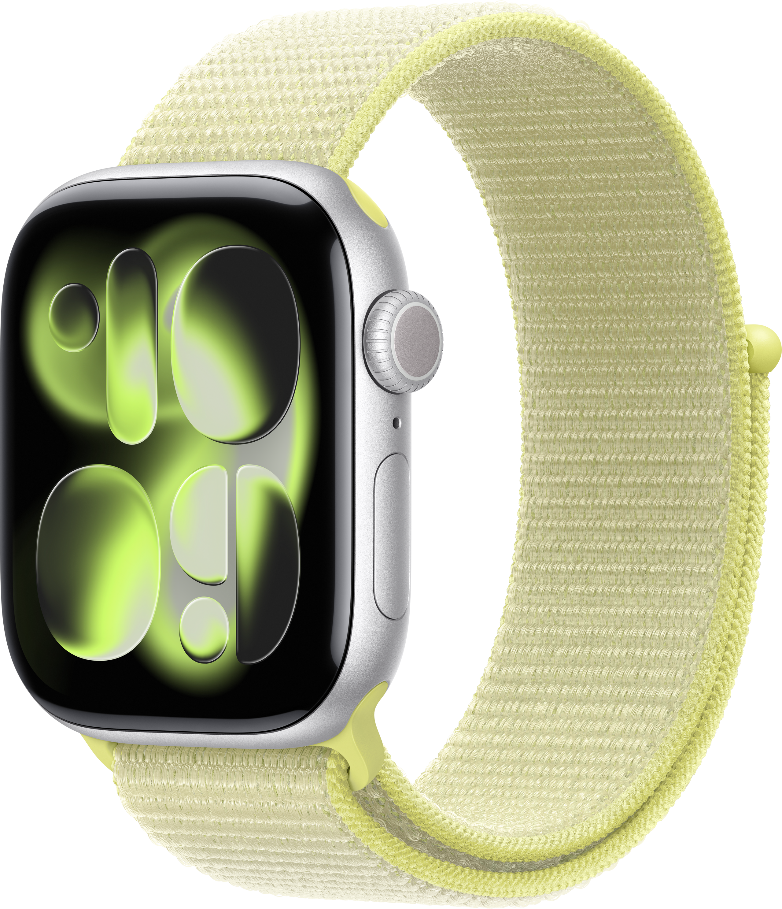 Apple Watch con cinturino sport giallo chiaro. Il quadrante mostra l'ora. Lo sfondo è nero.