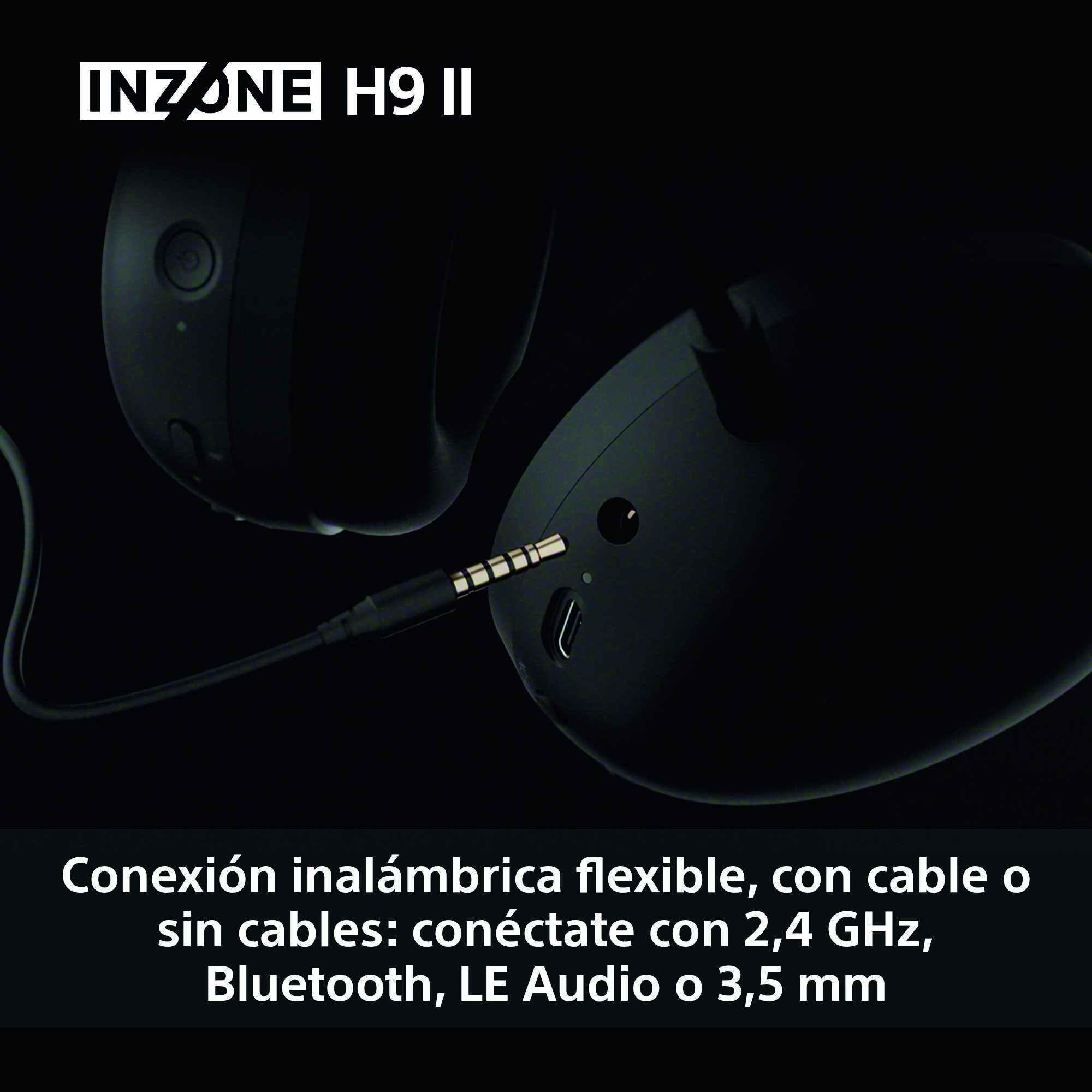 Auriculares negros con cable enchufado. El texto en la parte inferior indica las opciones de conexión inalámbrica.