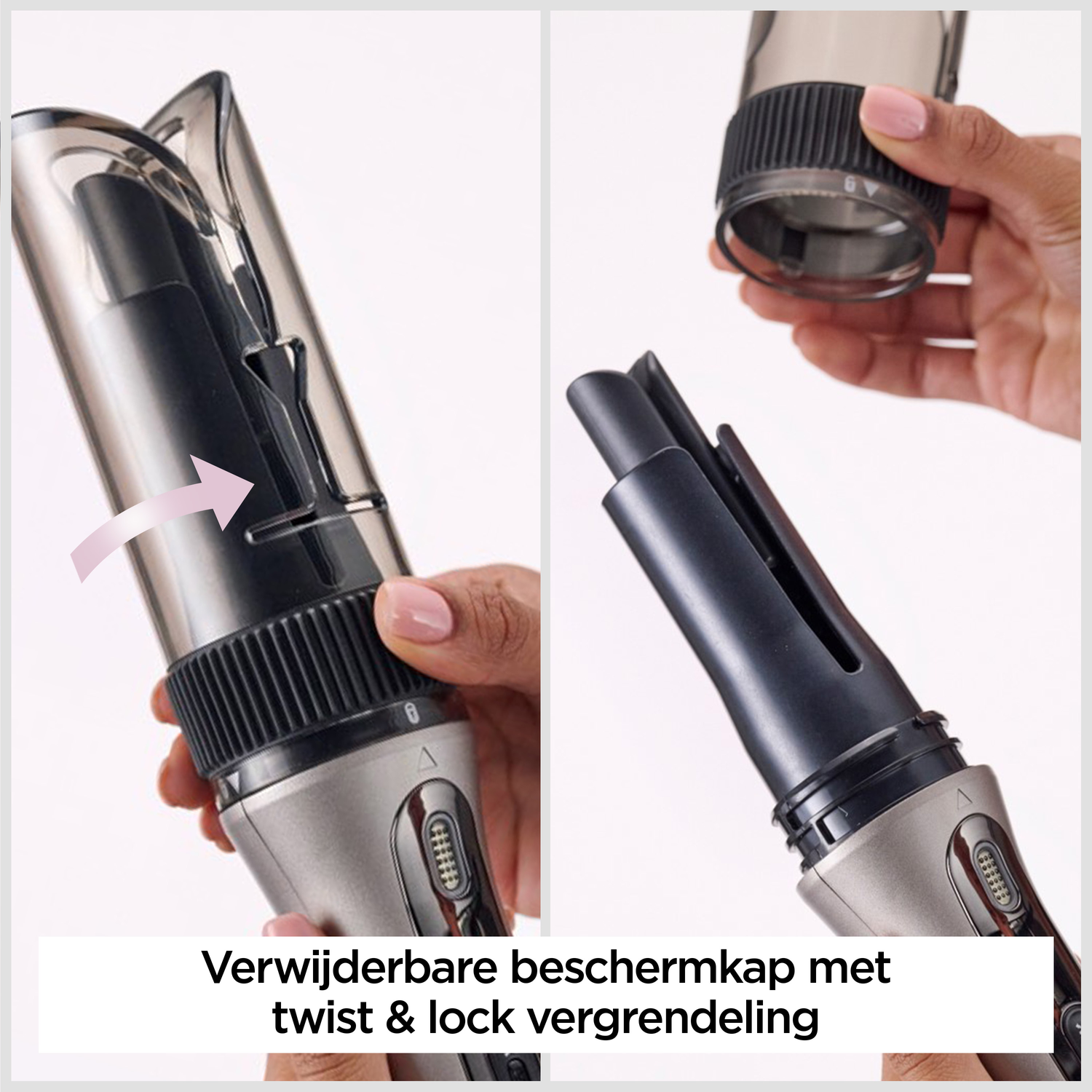 Afbeelding in twee delen toont een krultang met een afneembare beschermkap. Eén hand houdt de dop vast, de andere de krultang.