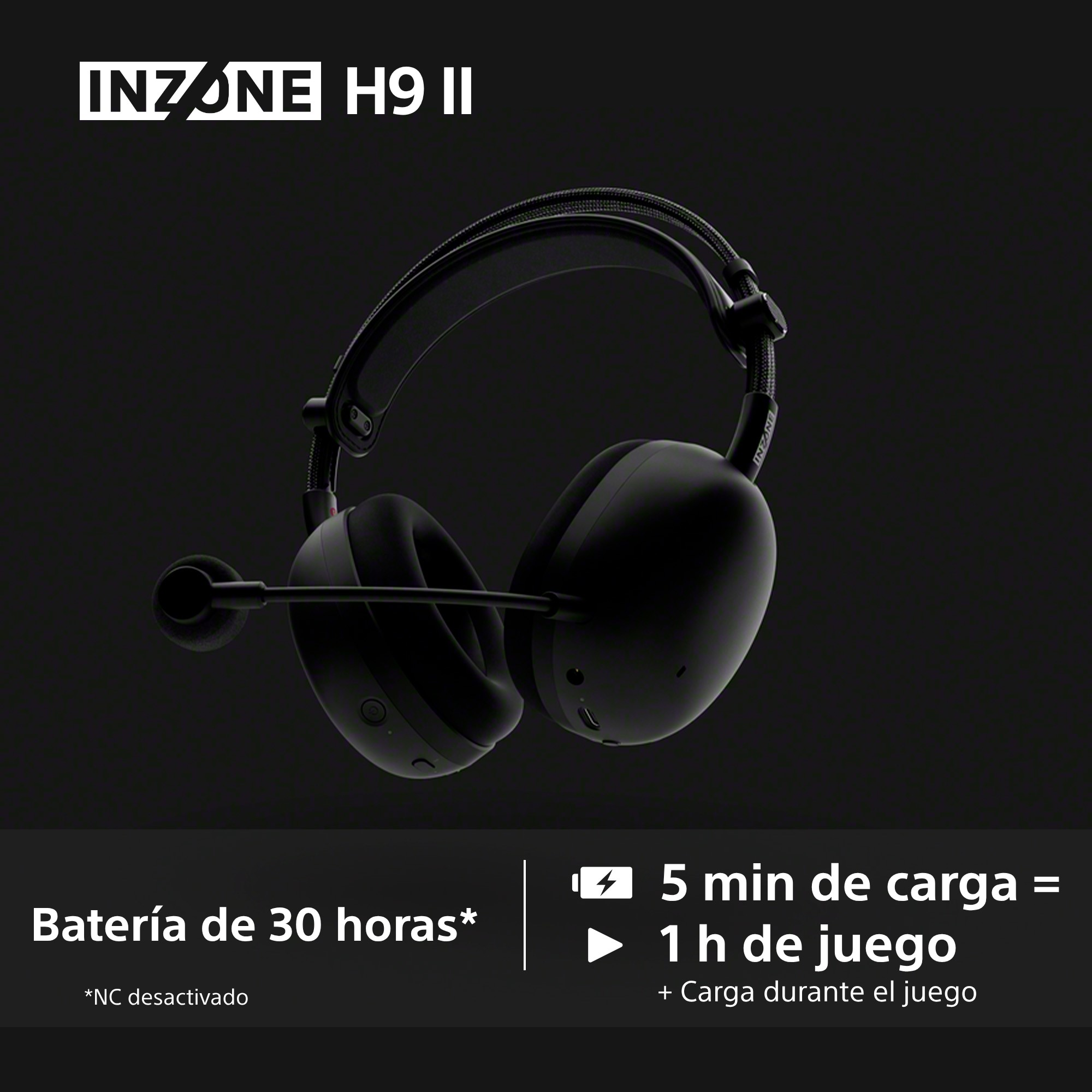 Auriculares gaming INZONE H9 II negros con micrófono, sobre fondo oscuro, mostrando detalles de batería y carga.