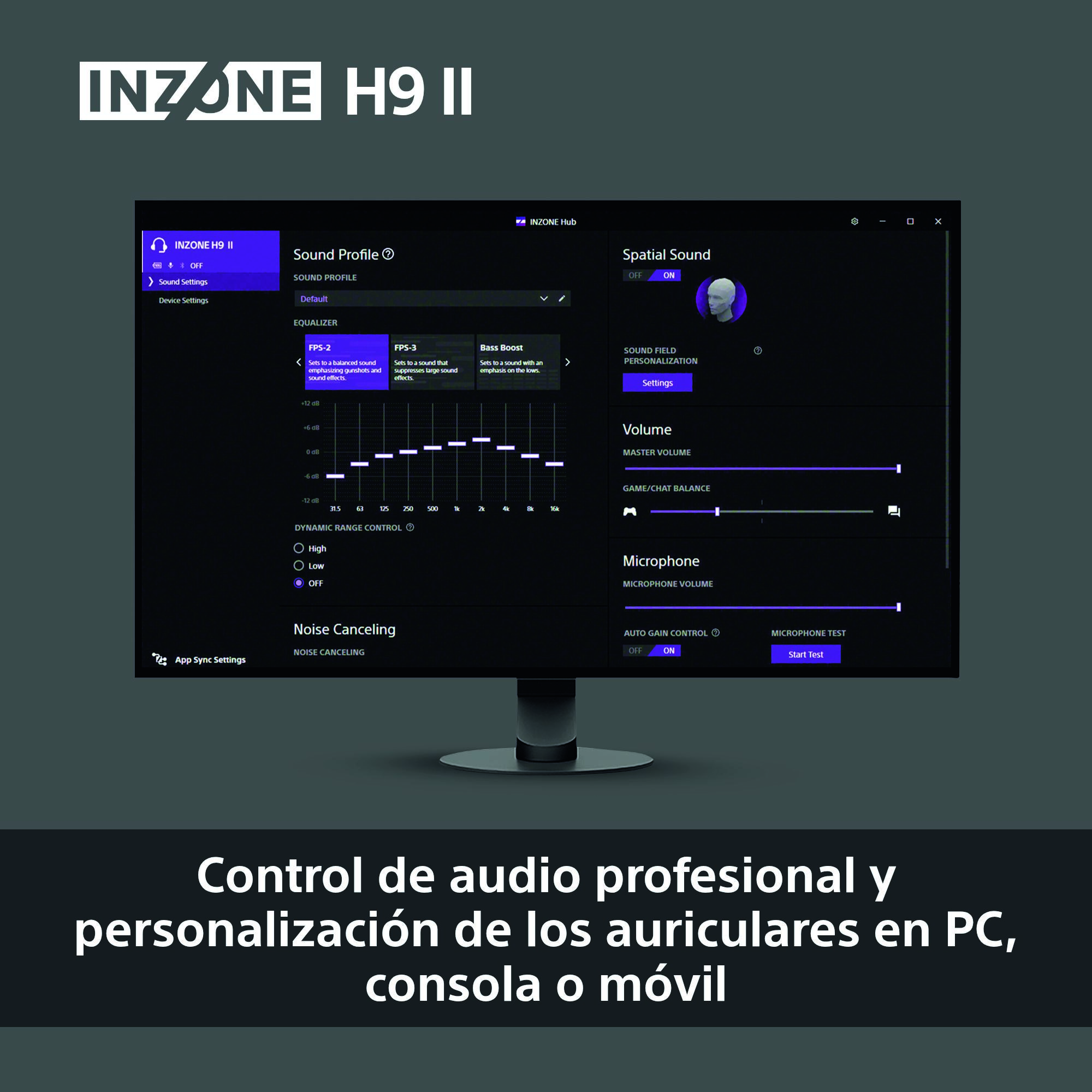 Un monitor de computadora muestra la configuración de sonido INZONE H9 II. Las opciones incluyen perfil de sonido, ecualizador y cancelación de ruido.