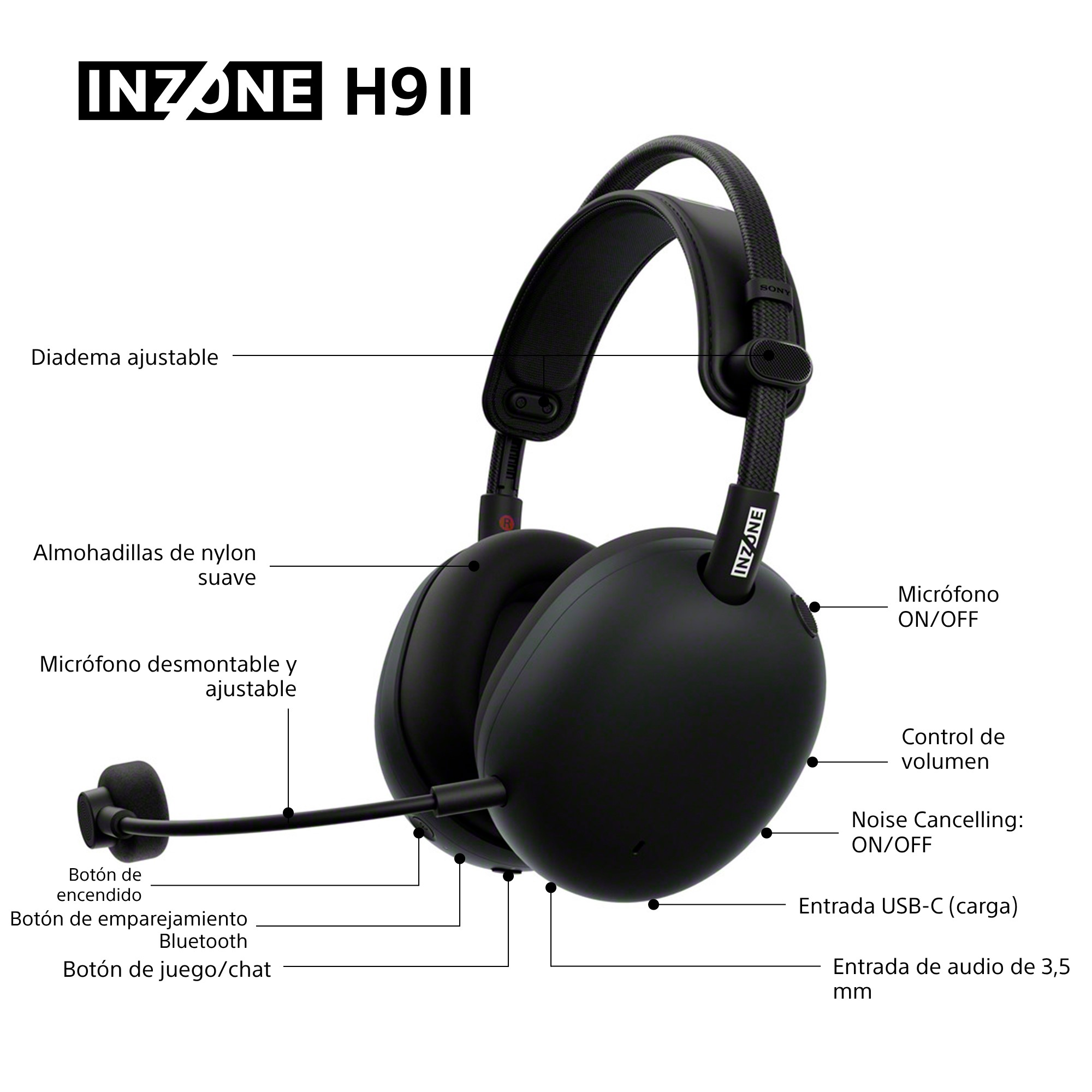 Auriculares negros INZONE H9 con diadema ajustable, almohadillas de nailon suaves, micrófono desmontable y varios controles.