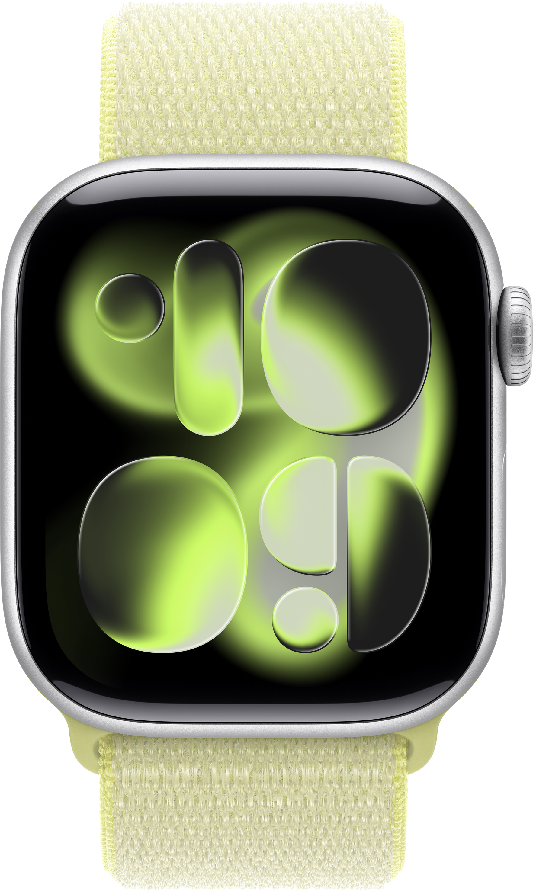 Apple Watch con cinturino giallo chiaro. Il quadrante ha uno sfondo nero con forme verdi e bianche.