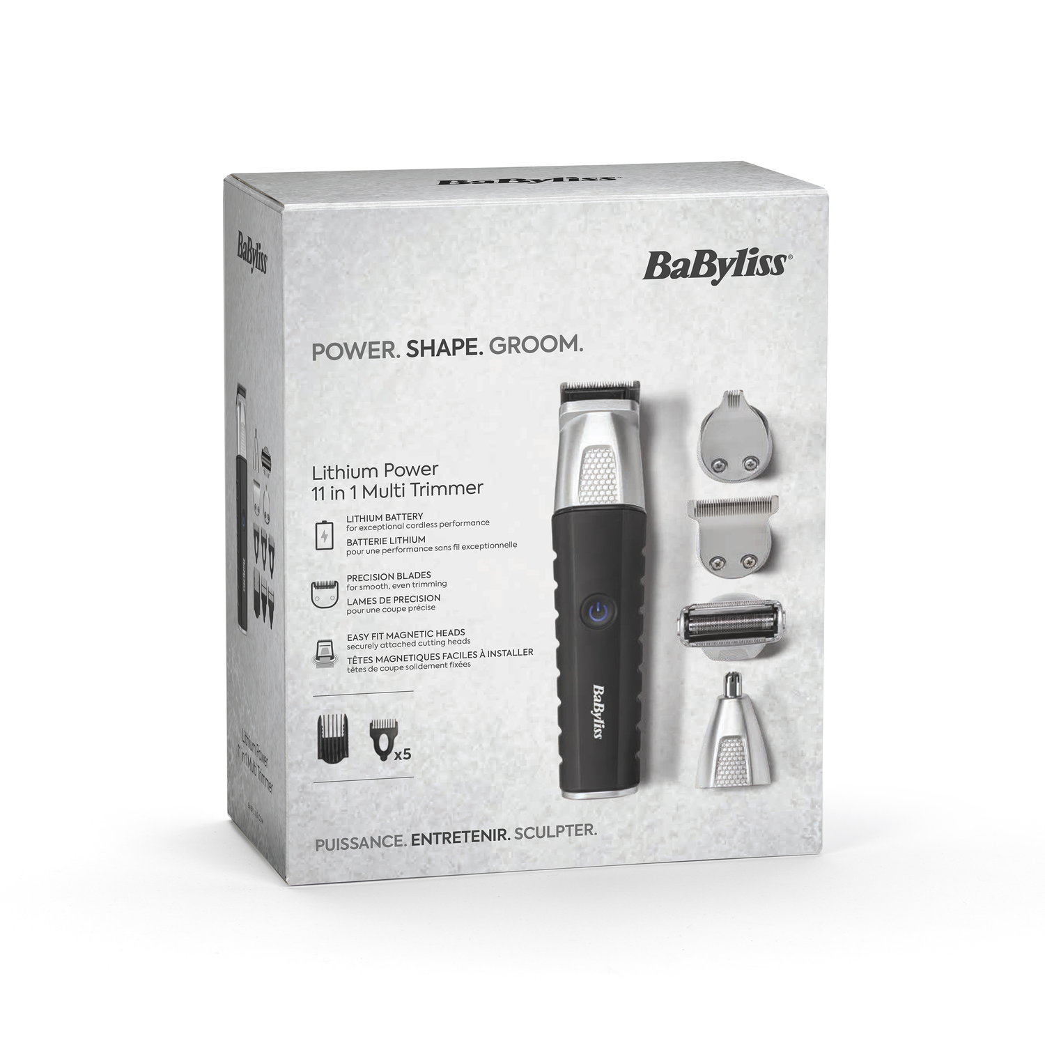 A Babyliss trimmer box with the trimmer and its parts visible. The box has the brand name and product details.