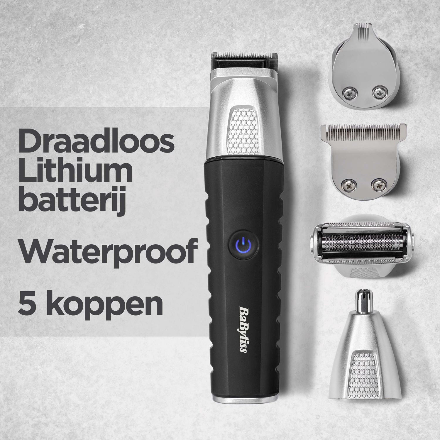 A black and silver Babyliss trimmer with five attachments on a gray background, with text that reads: Draadloos Lithium batterij, Waterproof, 5 koppen.