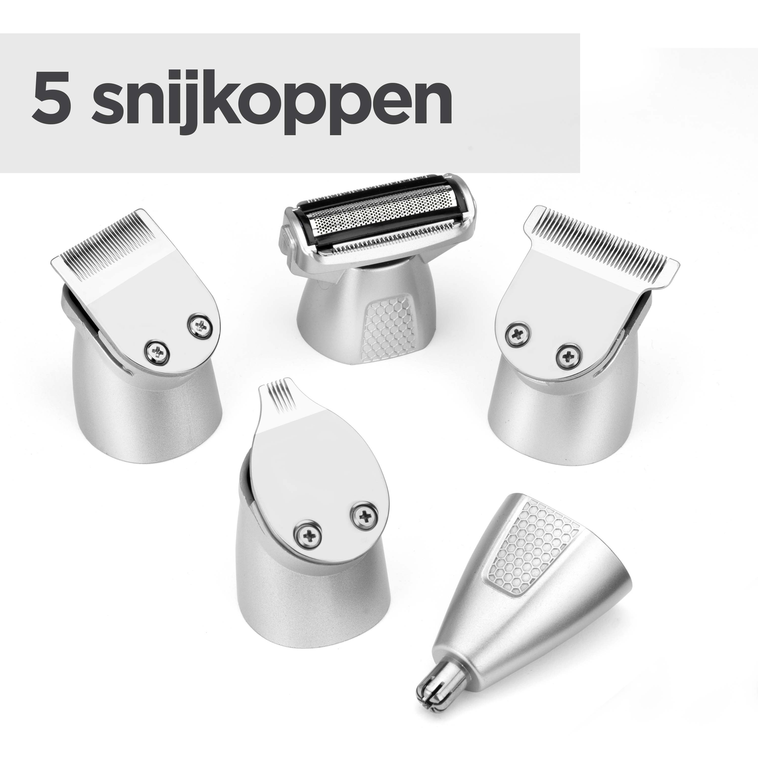 Five silver shaver heads on white background. Text '5 snijkoppen' is above. Different heads for different uses. 