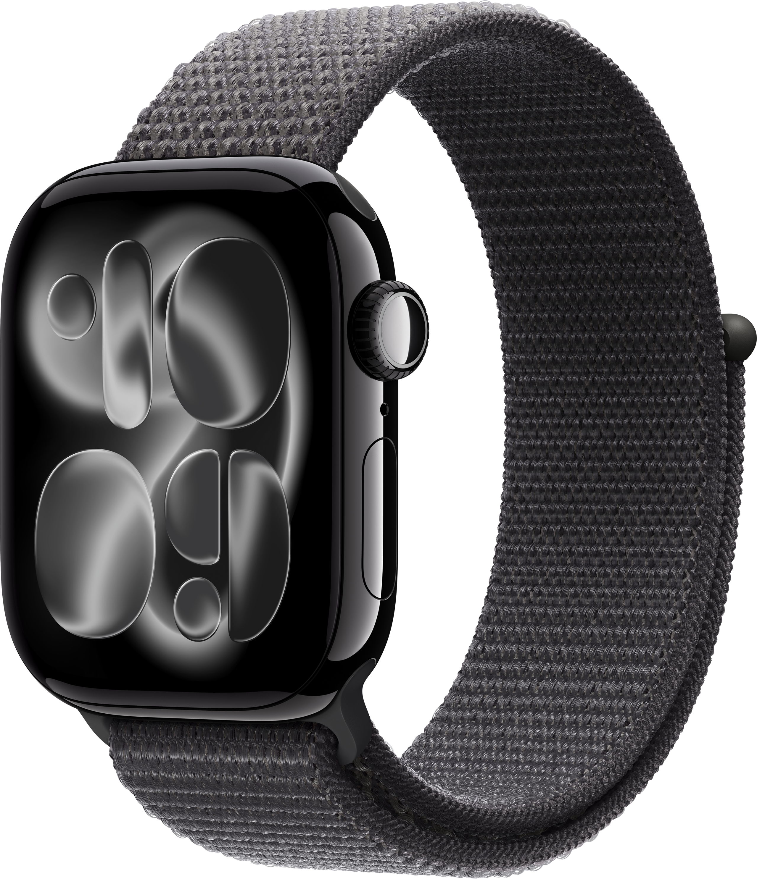 Un Apple Watch nero con cinturino in tessuto grigio. Lo schermo mostra l'ora. Sfondo nero.