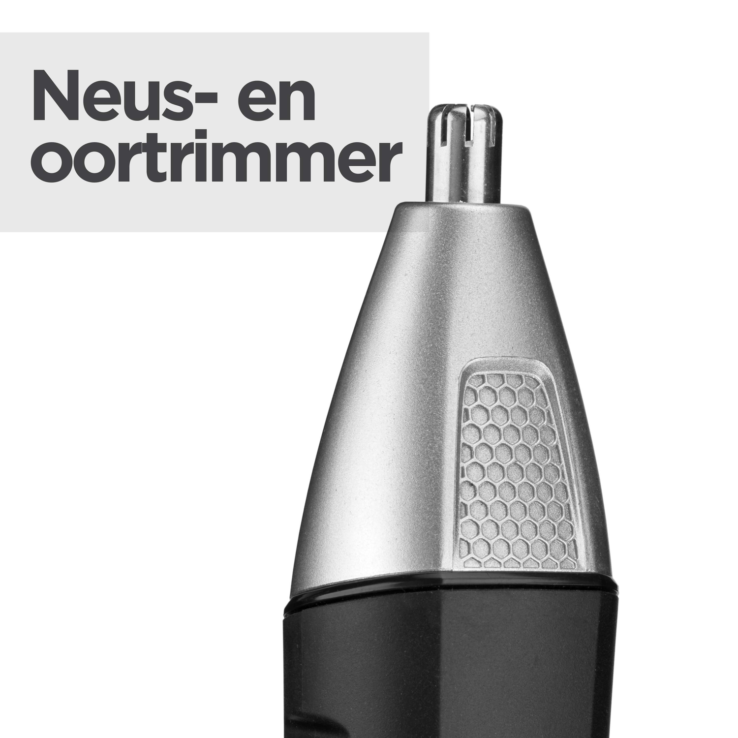 Close-up of a silver and black nose and ear hair trimmer. Text reads 'Neus- en oortrimmer'.