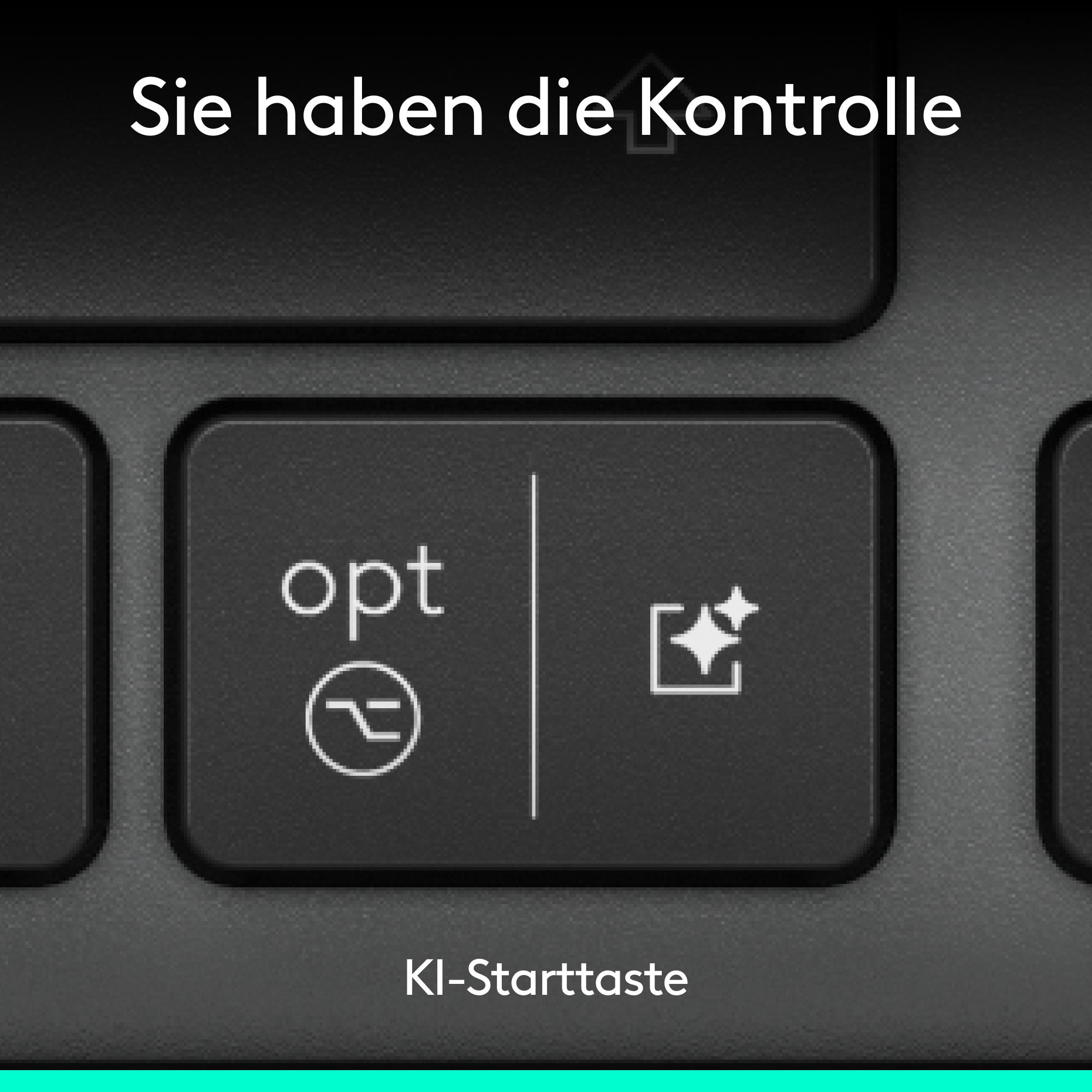 Nahaufnahme einer schwarzen Tastatur. Die Opt-Taste steht im Fokus. Der Text 'Sie haben die Kontrolle' steht oben.