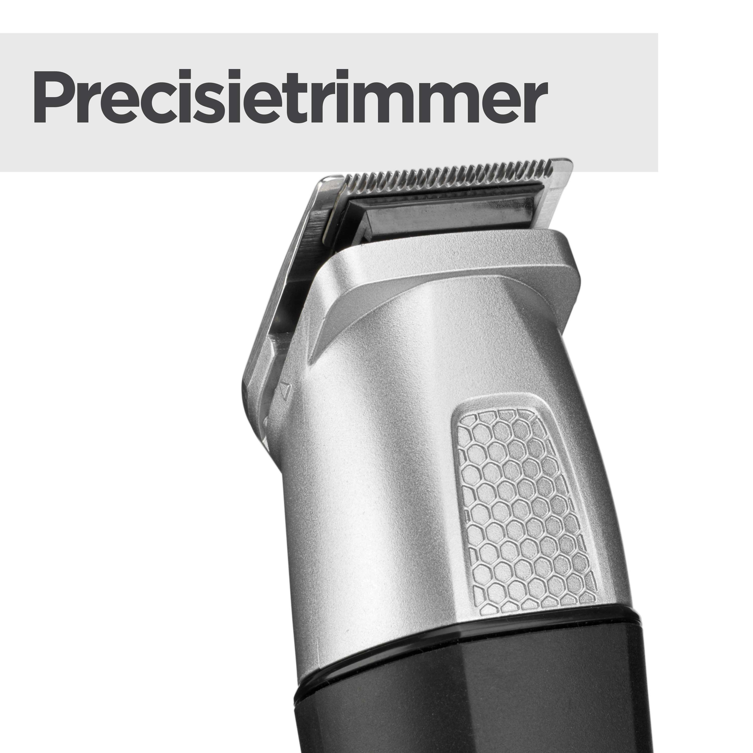 Close-up of a silver precision trimmer. The trimmer has a black base, a honeycomb pattern, and the text 'Precisietrimmer' at the top.