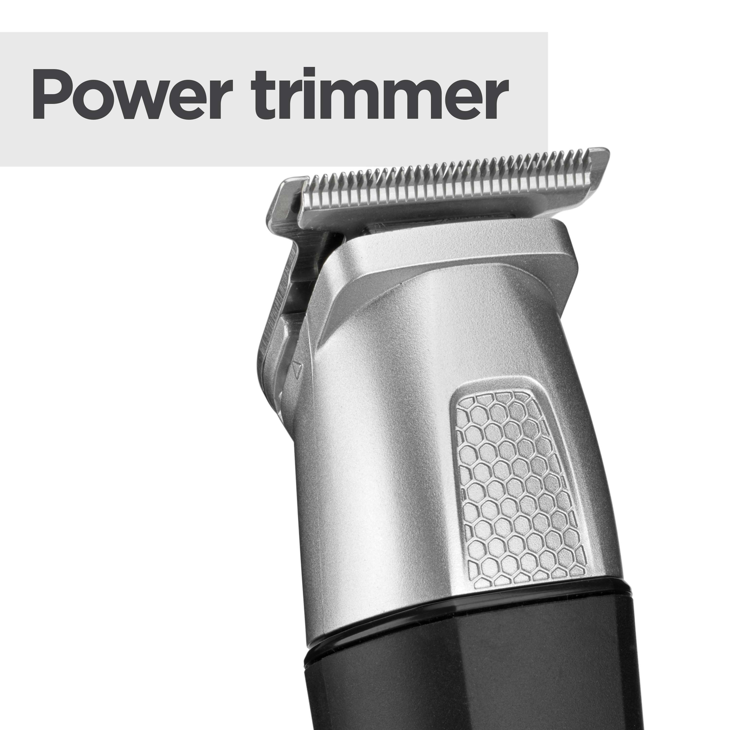 A close-up of a power trimmer. The trimmer is silver and black, with the blade at the top. The background is white.