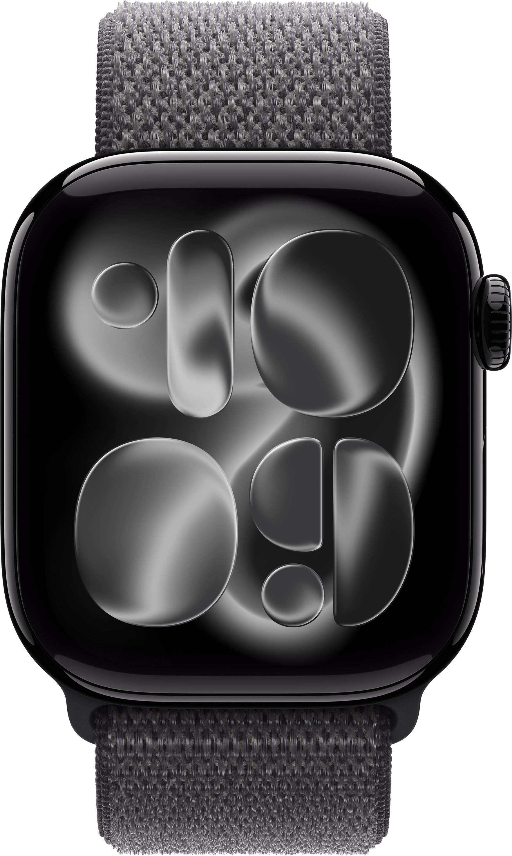 Apple Watch nera con cinturino grigio intrecciato. Il quadrante mostra varie forme digitali. Lo sfondo è nero.