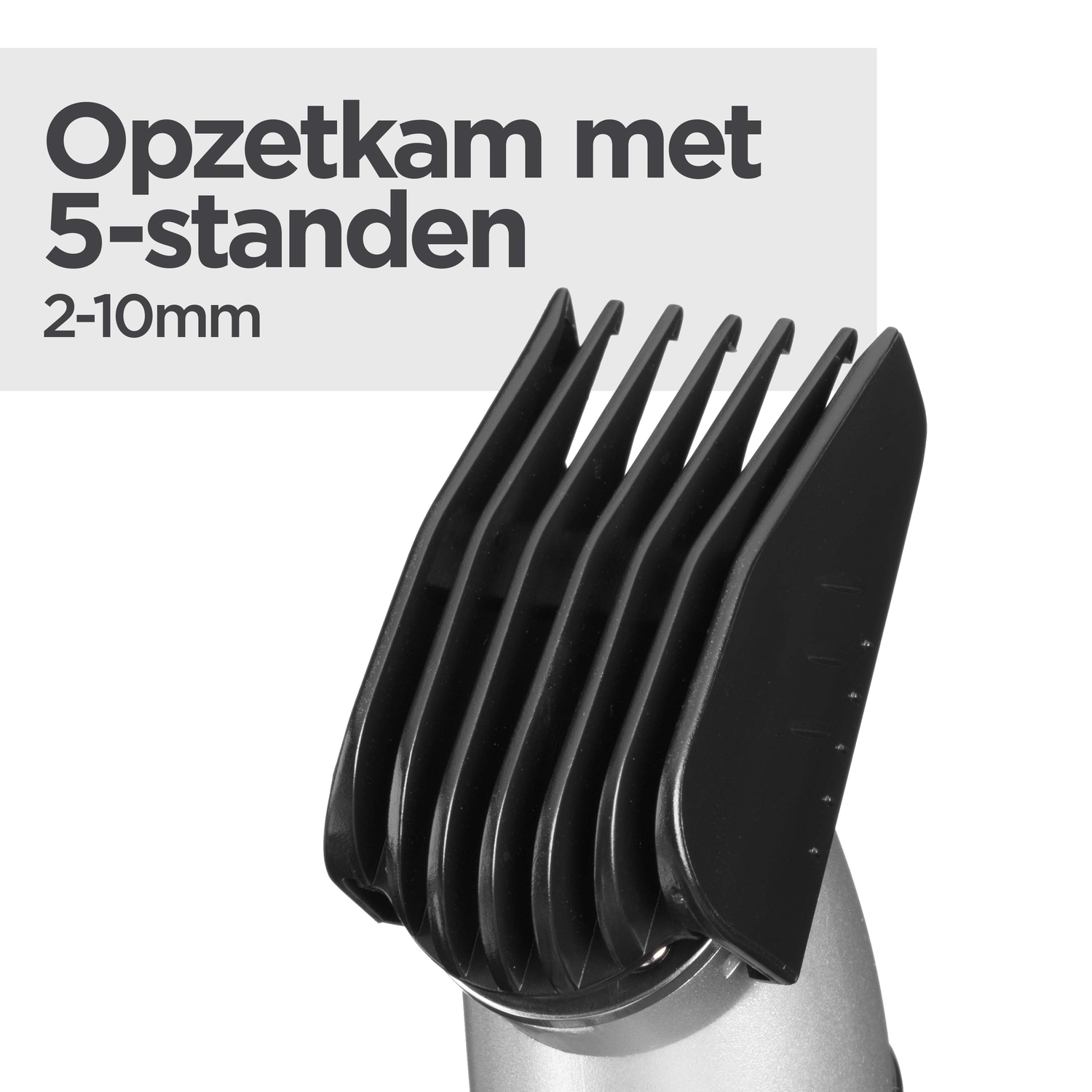 Close-up of a black hair clipper attachment with five settings, labeled 'Opzetkam met 5-standen 2-10mm' on a white background.