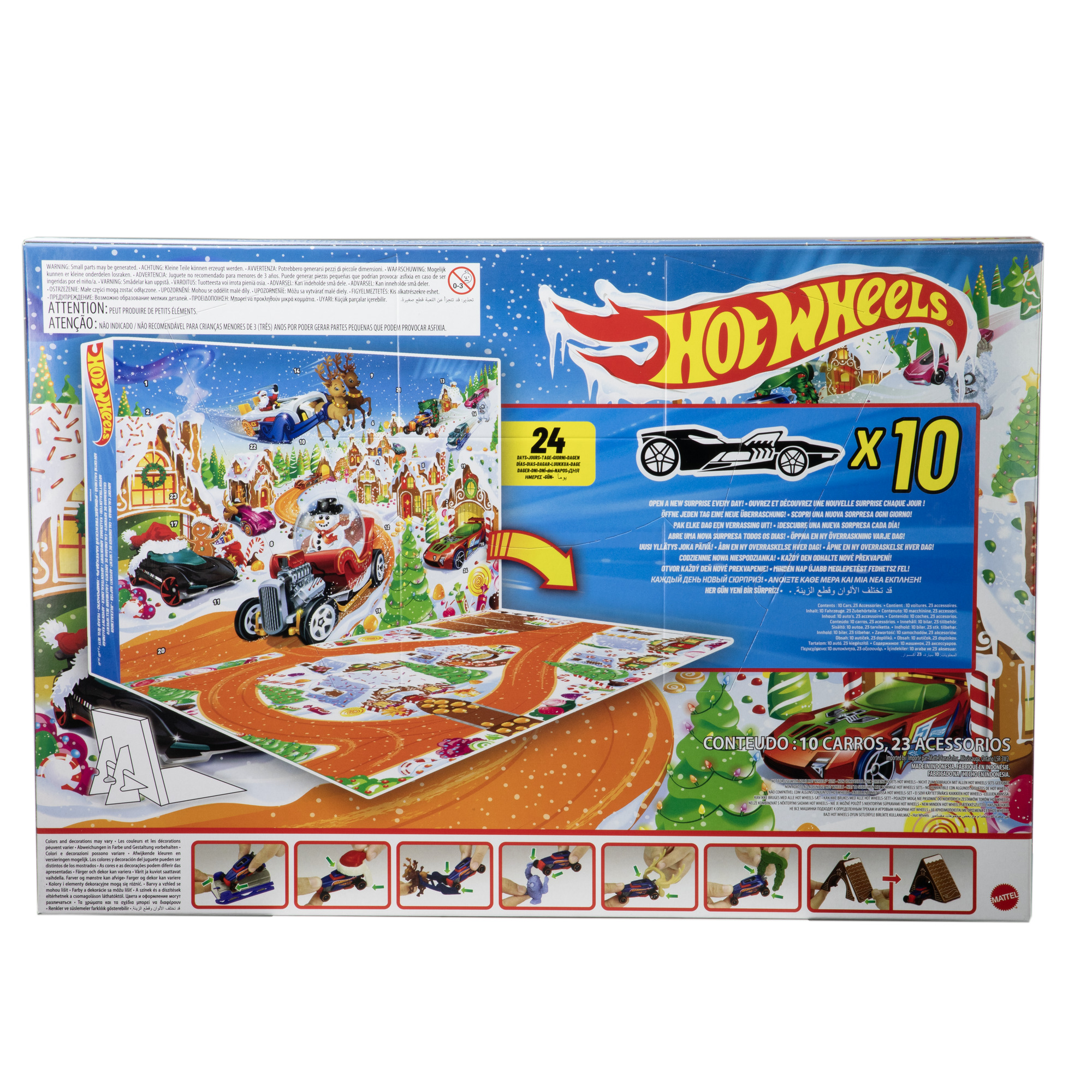 Hot Wheels Adventskalenderbox. Autos fahren auf einer Strecke mit Weihnachtsszenen. Enthält 10 Autos und 23 Zubehörteile.
