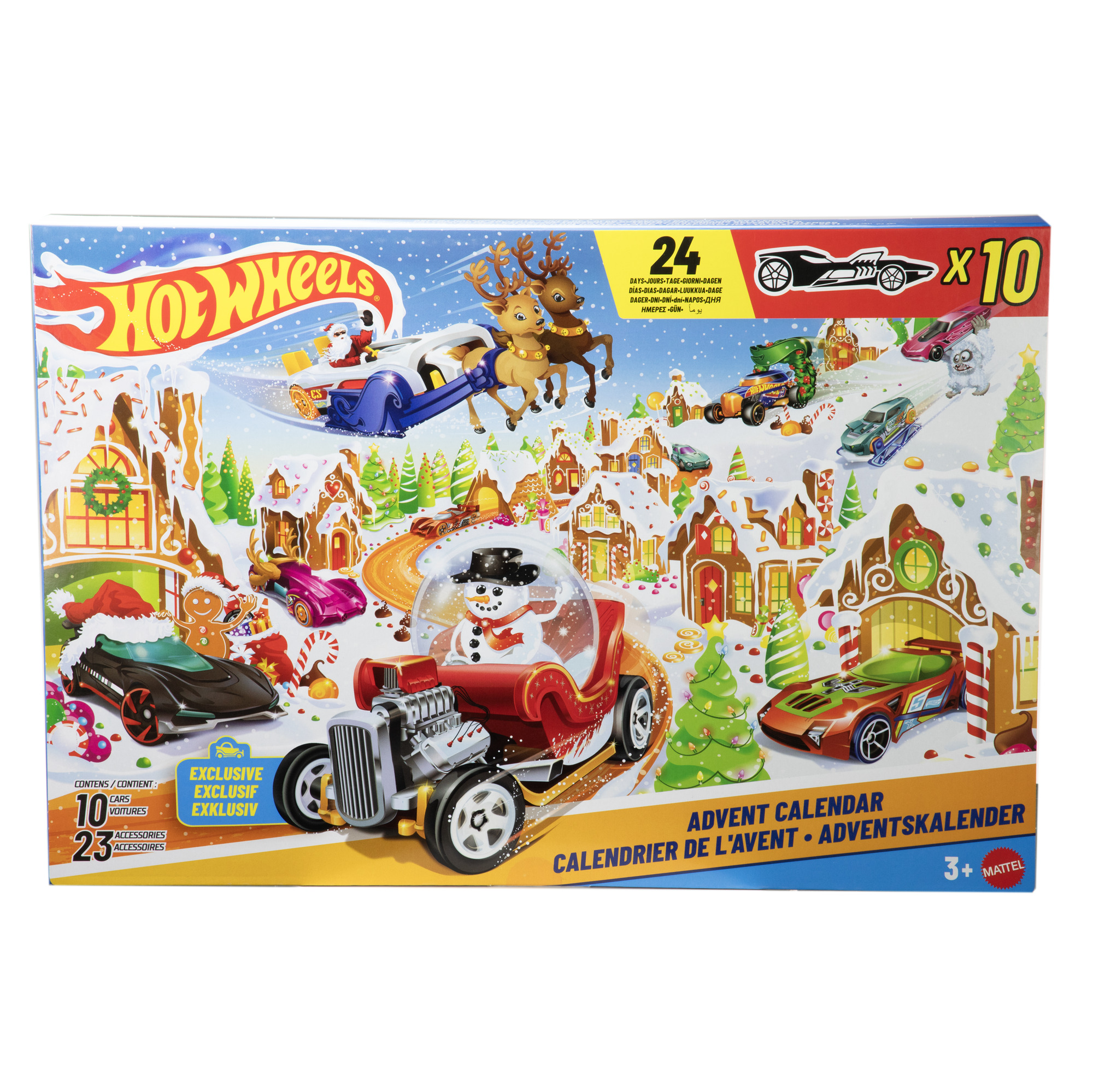 Hot Wheels Adventskalender-Box. Schneemann im Auto, Weihnachtsmann im Auto, Rentiere und verschiedene Spielzeugautos auf Schnee.